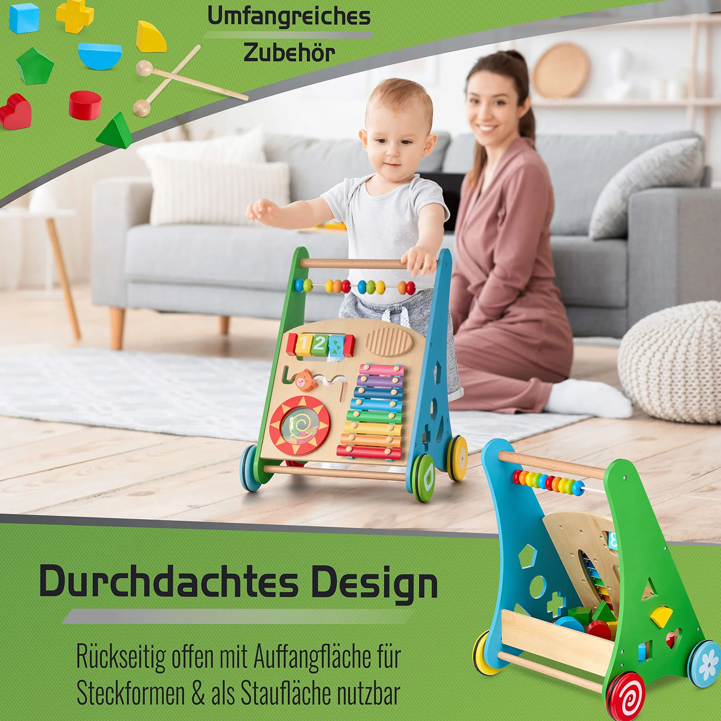 Balinco LEARNING WAGON WOOD, 3 w 1, zabawka edukacyjna + zabawka muzyczna + chodzik dla dziecka od 6 miesicy