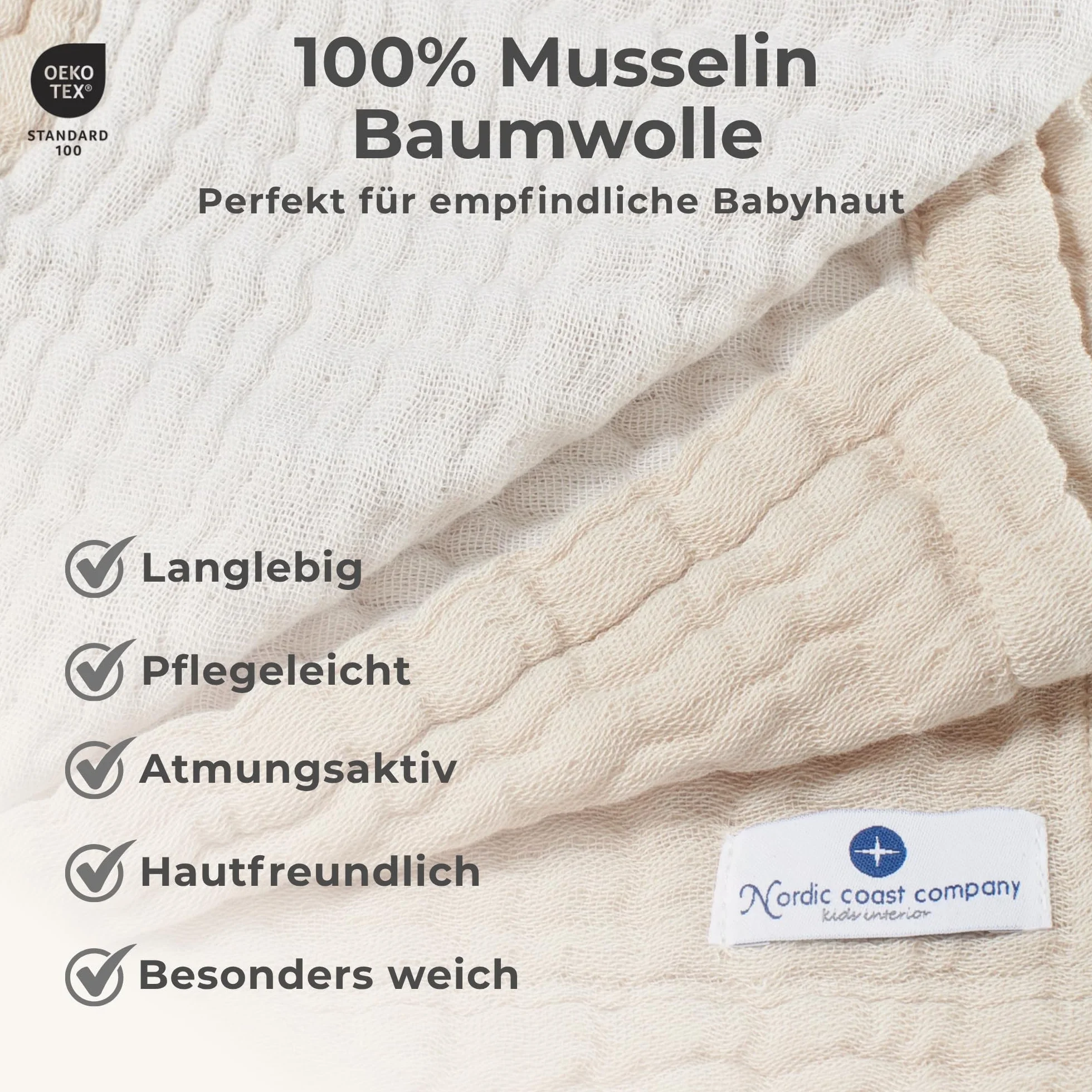 Nordic Coast® Musselin Decke Premium - 4 in 1 Baby Krabbeldecke in Natur Weiß - 100% Baumwolle - Mulltuch Babydecke Pucktuch Spucktuch - Hochwertige Qualität