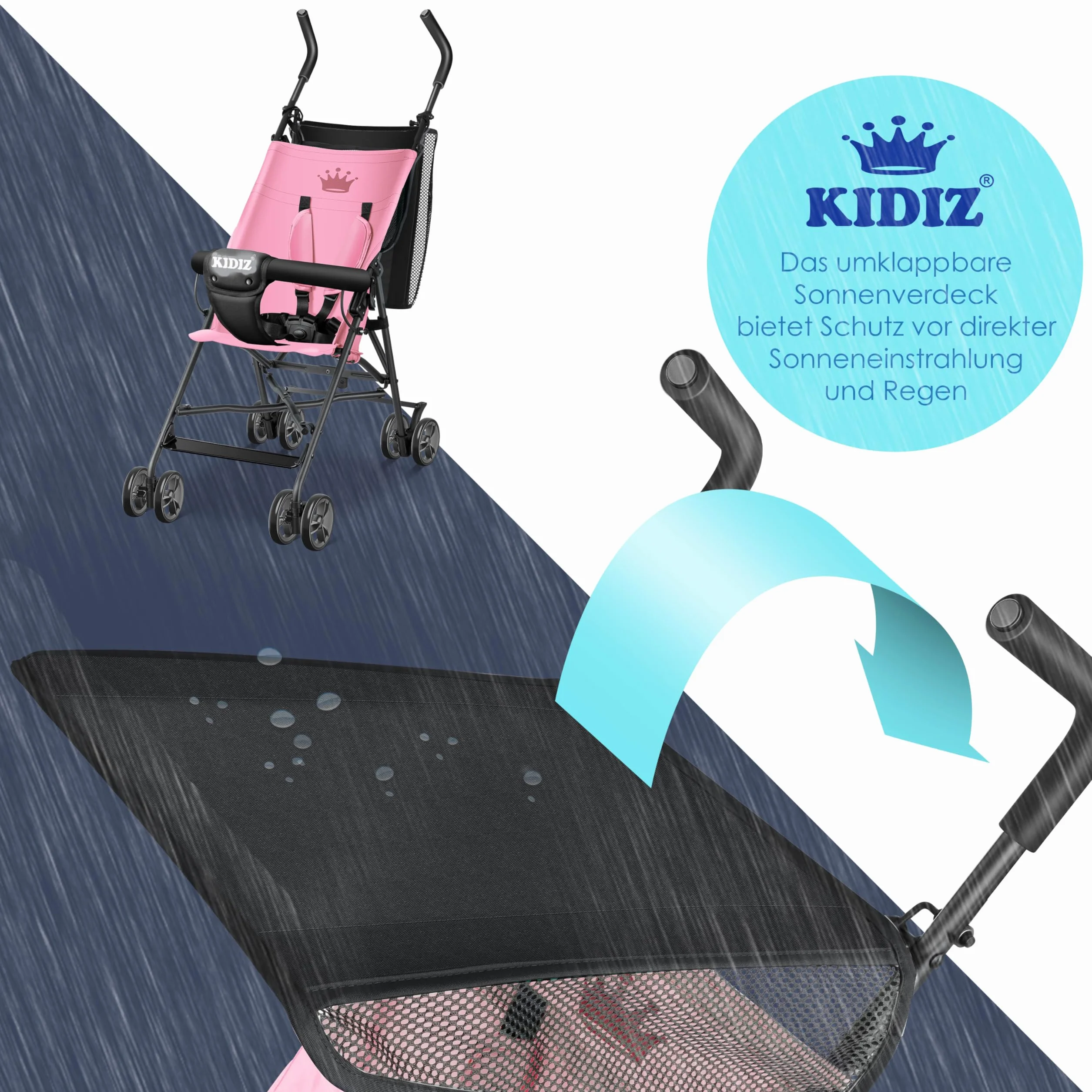 KIDIZ® CITY Wózek dziecięcy Wózek dziecięcy Uniwersalny składany wózek sportowy, składany, 4-calowe kółka obrotowe 360°, osłona przeciwsłoneczna i ochrona przed deszczem