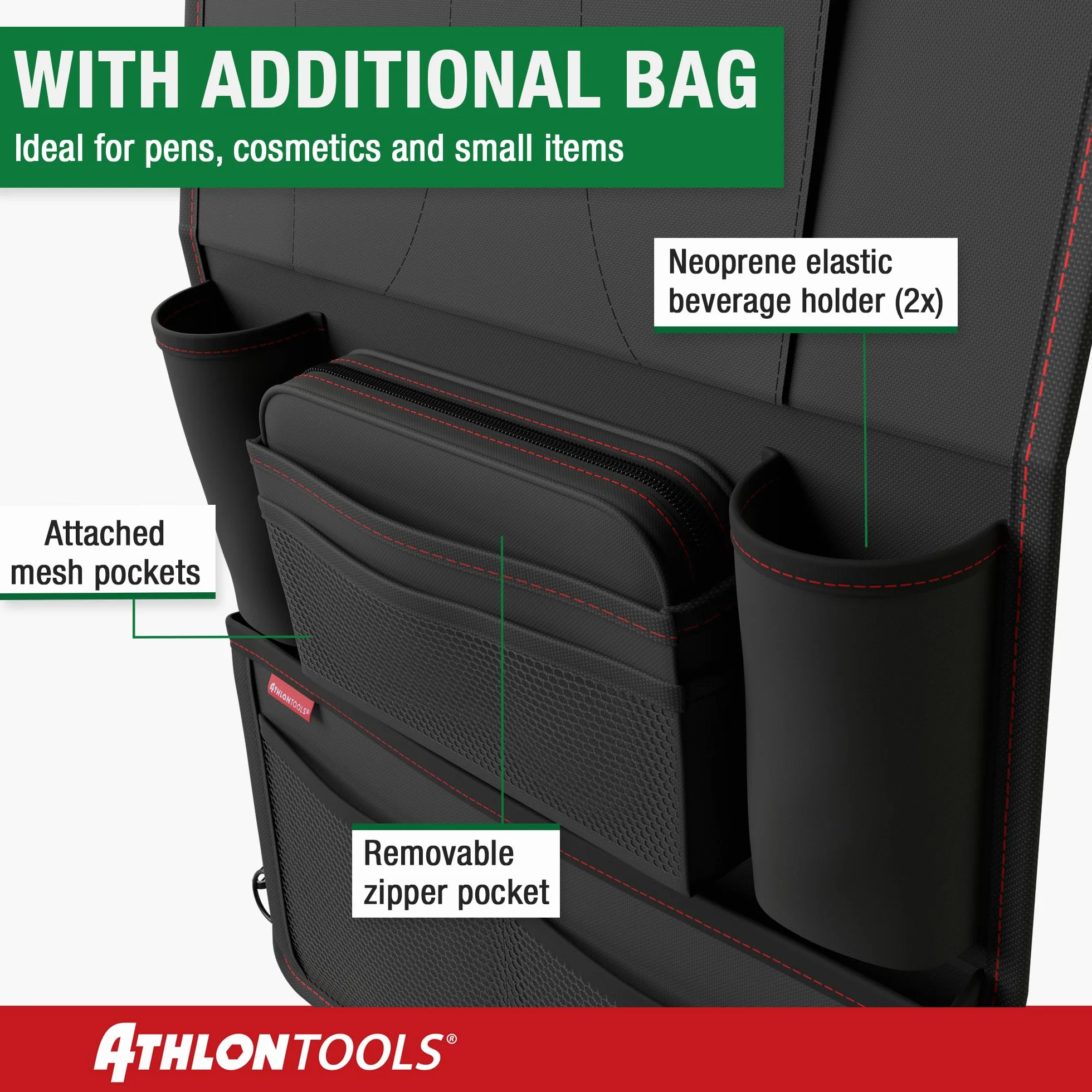 ATHLON TOOLS Najstabilniejszy organizer na fotel samochodowy z uchwytem na tablet, wzmocniony tył, bezpieczny dla żywności, z dodatkowym piórnikiem, biznesowy / dla dzieci, zaprojektowany w Hamburgu