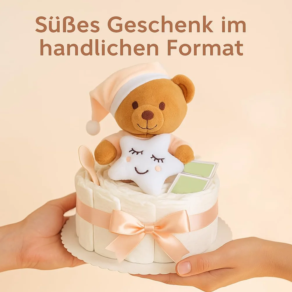 Pieluchy tort boho z pluszakiem dla dziewcząt lub chłopców, prezent z okazji narodzin matki, chrztu lub przyjęcia dla dziecka – pomysł na prezent z pieluchami dla noworodków – w zestawie kartka z