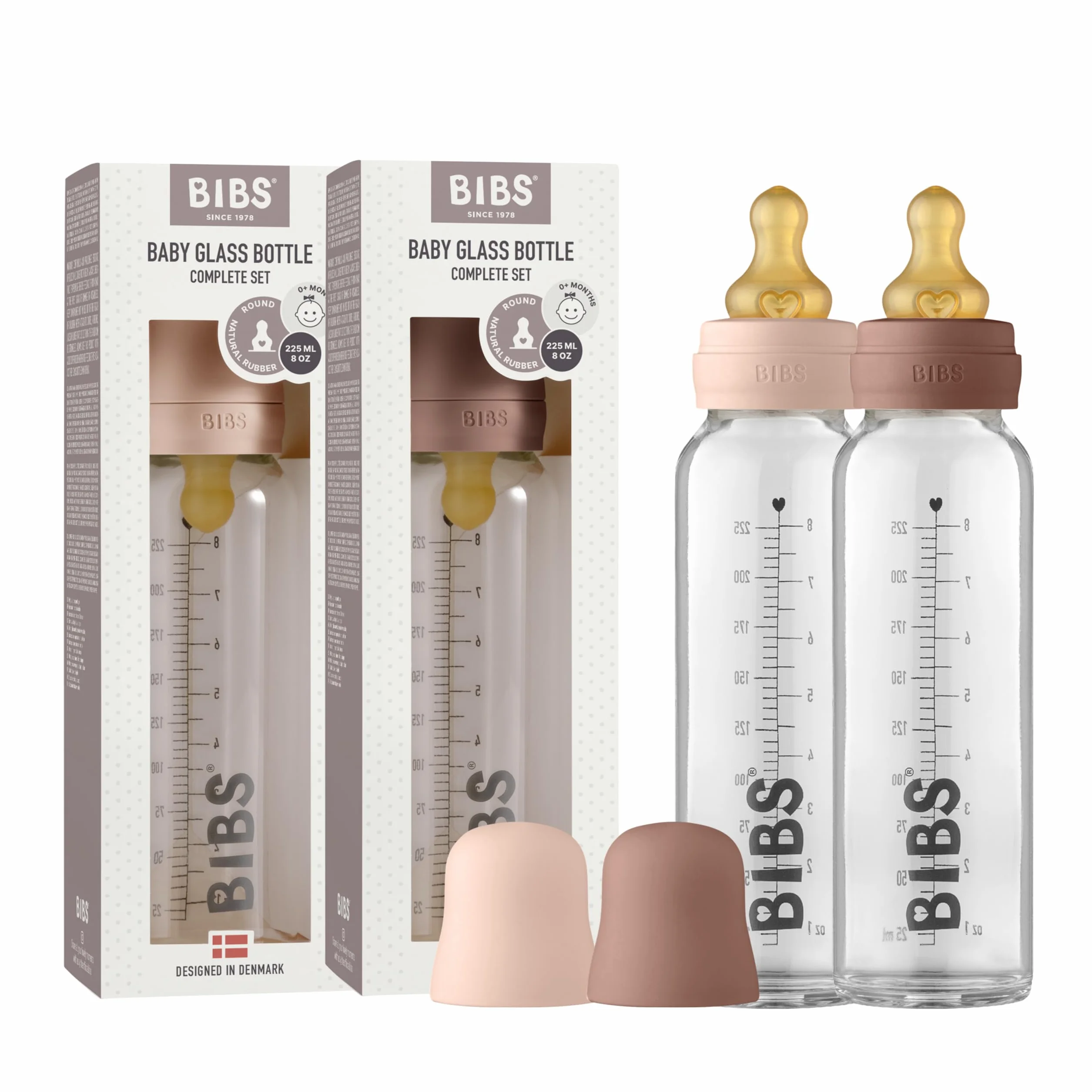 Butelka ze szkła BIBS. Antykolka, zestaw 2 szt. Okrągły smoczek z naturalnego lateksu kauczukowego, wspomaga naturalne karmienie piersią, kompletny zestaw - 225 ml (opakowanie 2), różowy/woodchuck