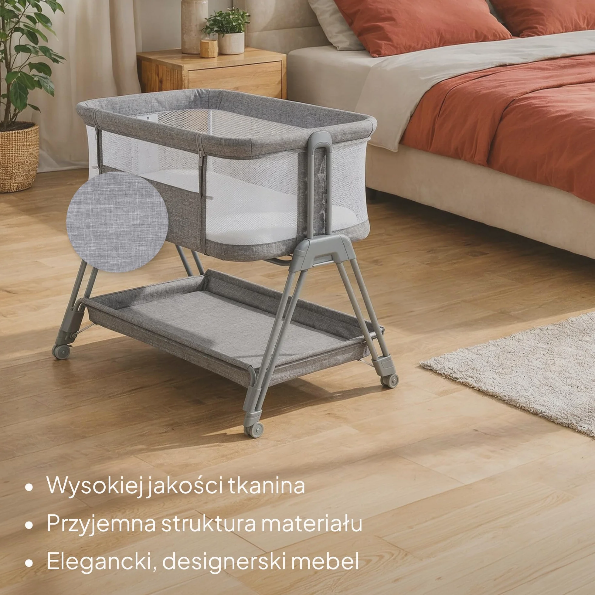 LIONELO Luna przenośne łóżeczko dostawne z materacykiem, co-sleeping, od noworodka do 9 kg. Regulowana wysokość i pochył, 4 kółka z blokadą, mocowanie do łóżka rodziców, przewiewne