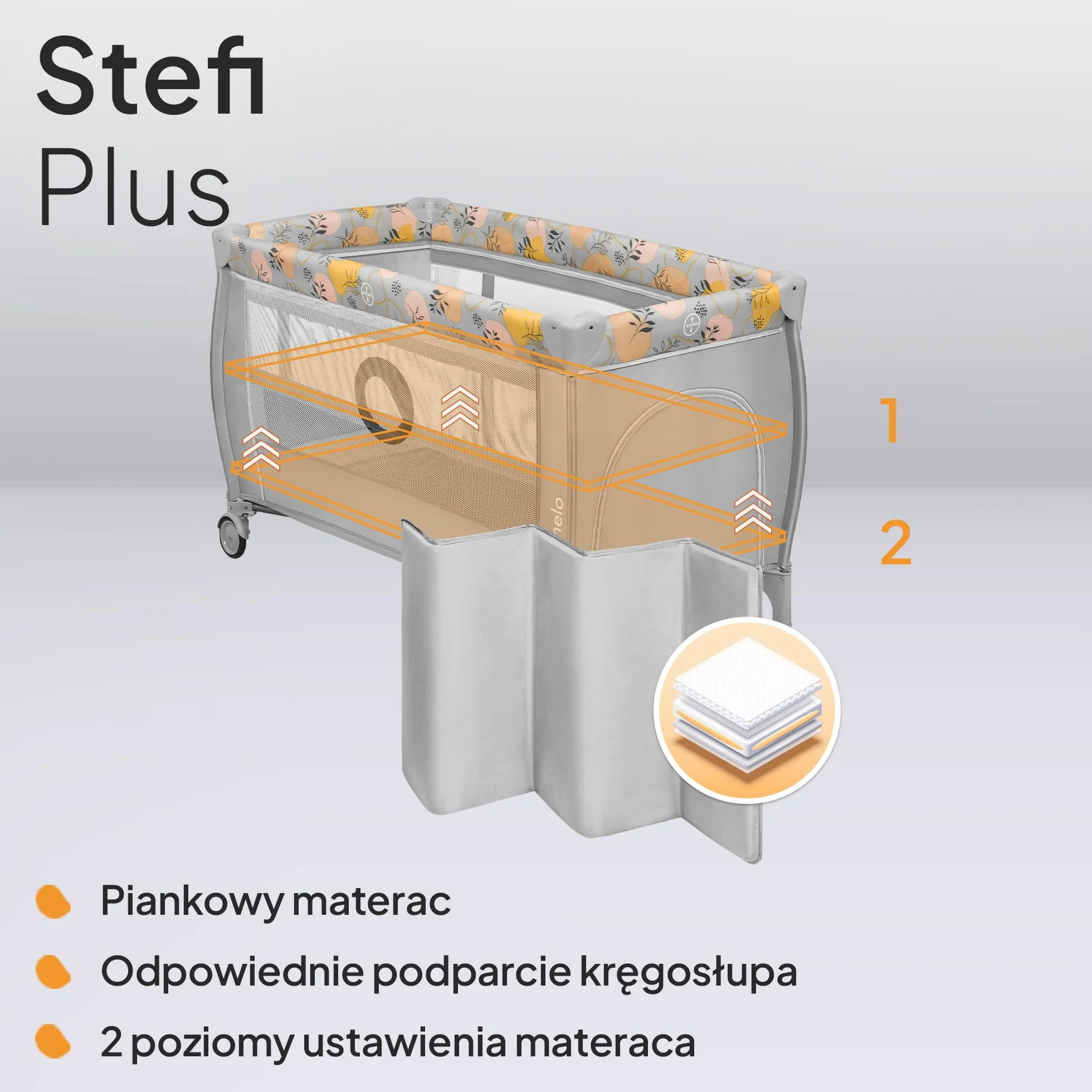 LIONELO Stefi Plus łóżeczko turystyczne 2 w 1 do 15 kg, łóżko dziecięce z materacem, boczne wejście z zamkiem błyskawicznym, wysokiej jakości materac piankowy, szybkie składanie