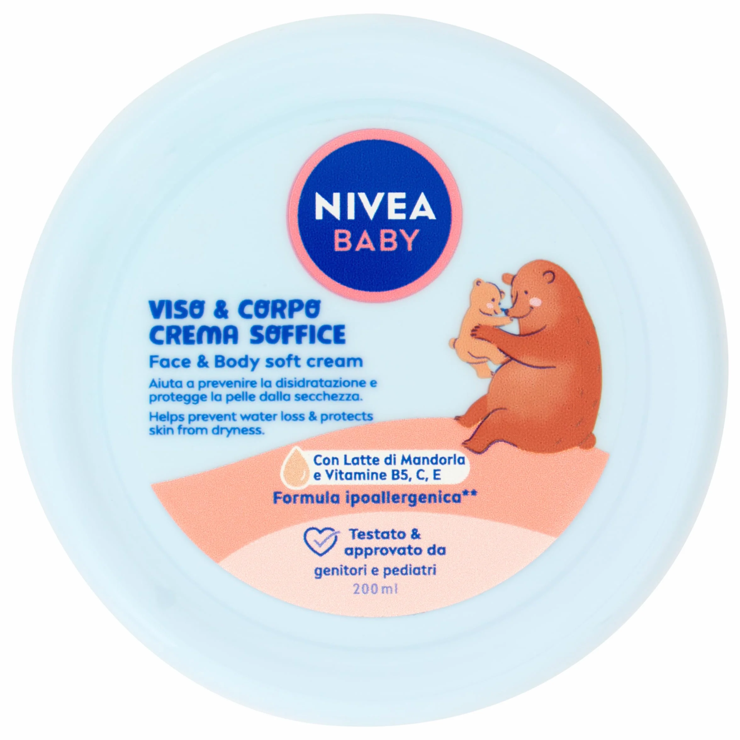 NIVEA BABY Puszysty krem do twarzy i ciała 200 ml, nawilżający i odżywczy krem do ciała dla dzieci, krem do twarzy dla niemowląt z mlekiem migdałowym i witaminami, krem do ciała dla niemowląt przeciw