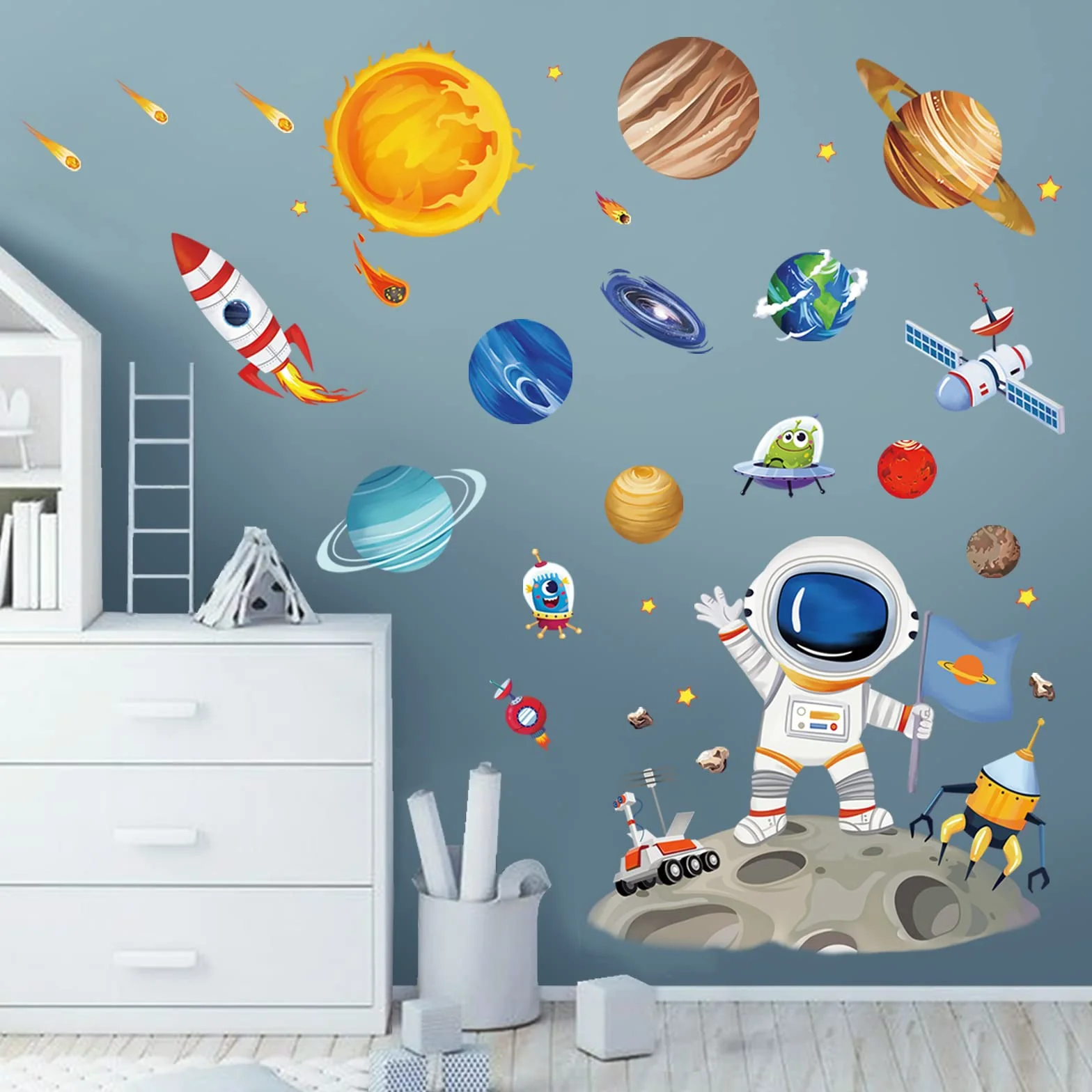 wondever Naklejka ścienna kosmos dzieci naklejki ścienne planety układ słoneczny astronauta naklejki ścienne dekoracja ścienna do pokoju dziecięcego pokoju niemowlęcego pokoju chłopięcego