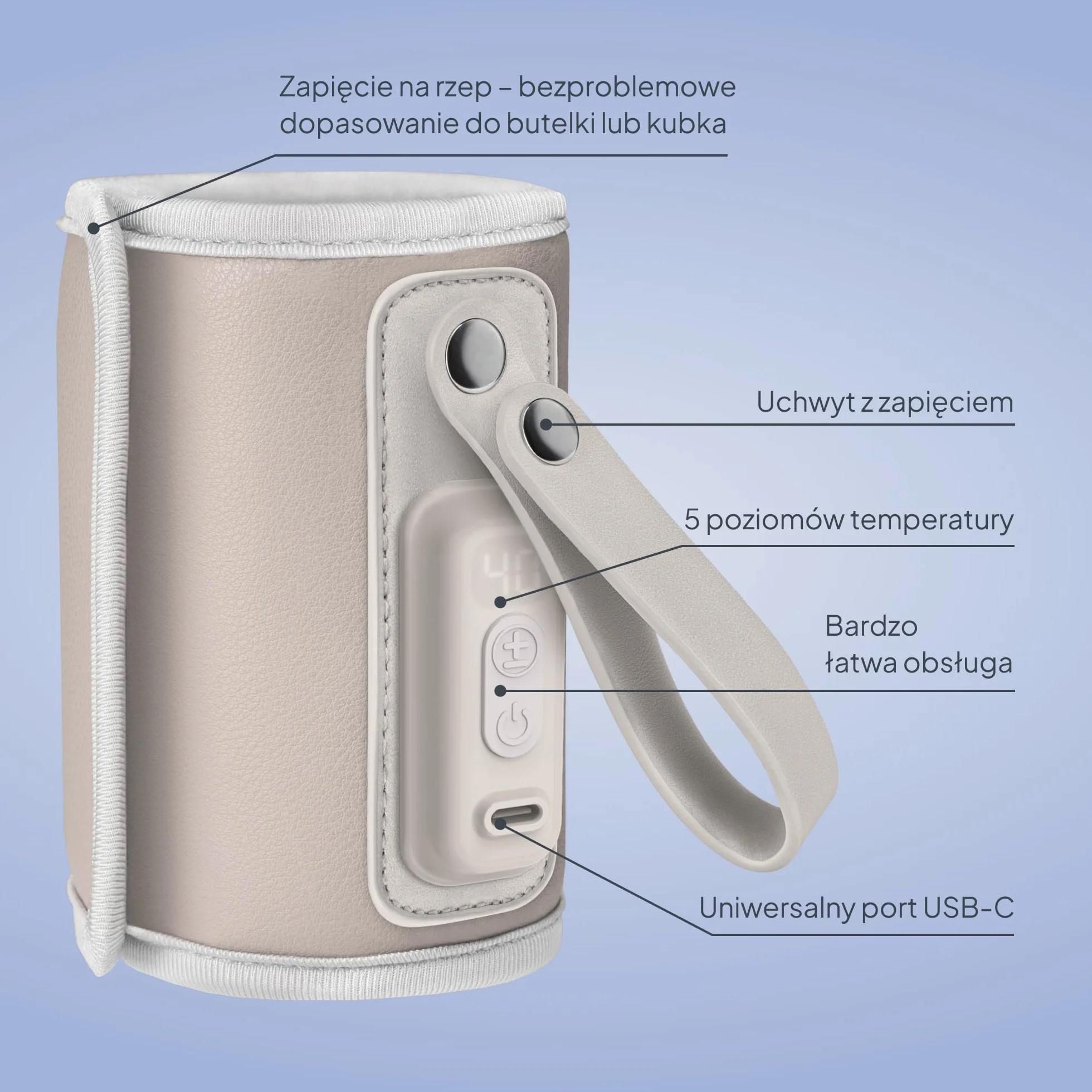 LIONELO Thermup Go przenośny podgrzewacz do butelek dla niemowląt, USB-C, podgrzewacz do butelek w podróży i w samochodzie, funkcja utrzymania ciepła 24 h, 5 poziomów temperatury 38-50°C, wyświetlacz
