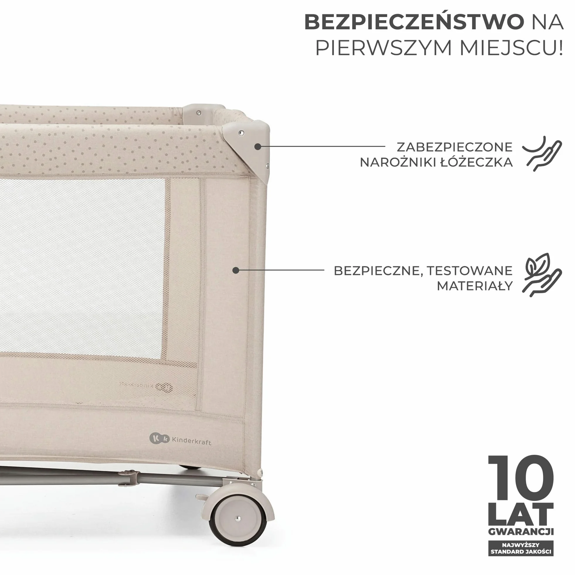 Kinderkraft JOY ACC 2 Łóżeczko turystyczne 3 w 1, Boczne wejście, Szybkie składanie i rozkładanie, Zabezpieczenie przed złożeniem, Kółka i torba ułatwiające transport, Pałąk z zabawkami, Beżowy