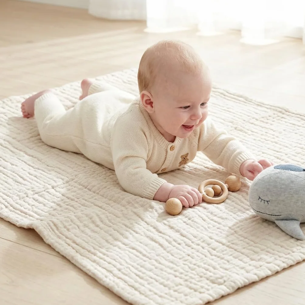Nordic Coast® Musselin Decke Premium - 4 in 1 Baby Krabbeldecke in Natur Weiß - 100% Baumwolle - Mulltuch Babydecke Pucktuch Spucktuch - Hochwertige Qualität