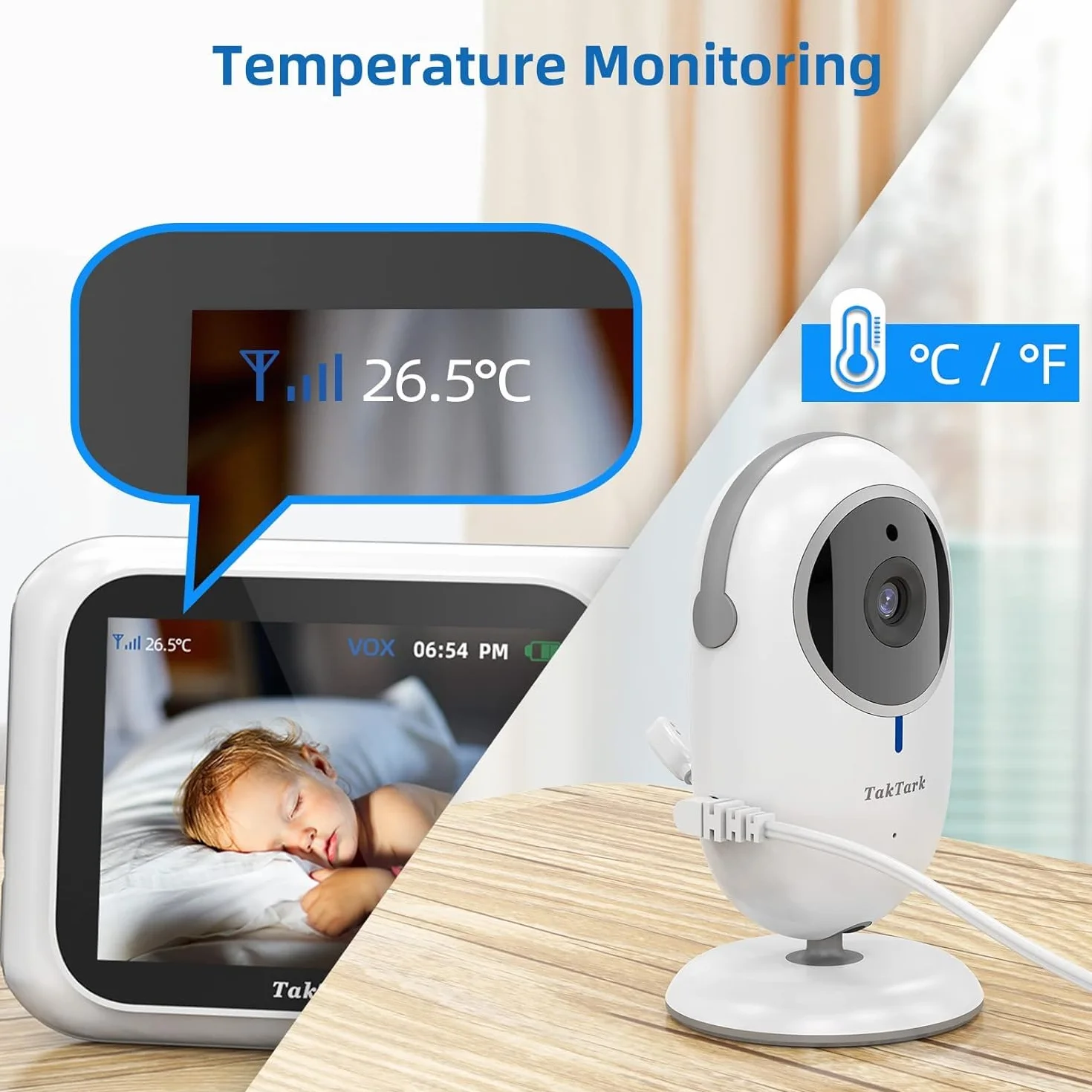 TakTark Babyphone Aparat Wideo Babyphone 3,2'' LCD Baby Phone Wireless Camera, Wideofon dziecięcy, Dwukierunkowy monitoring komunikacji, VOX, noktowizor, Zoom cyfrowy