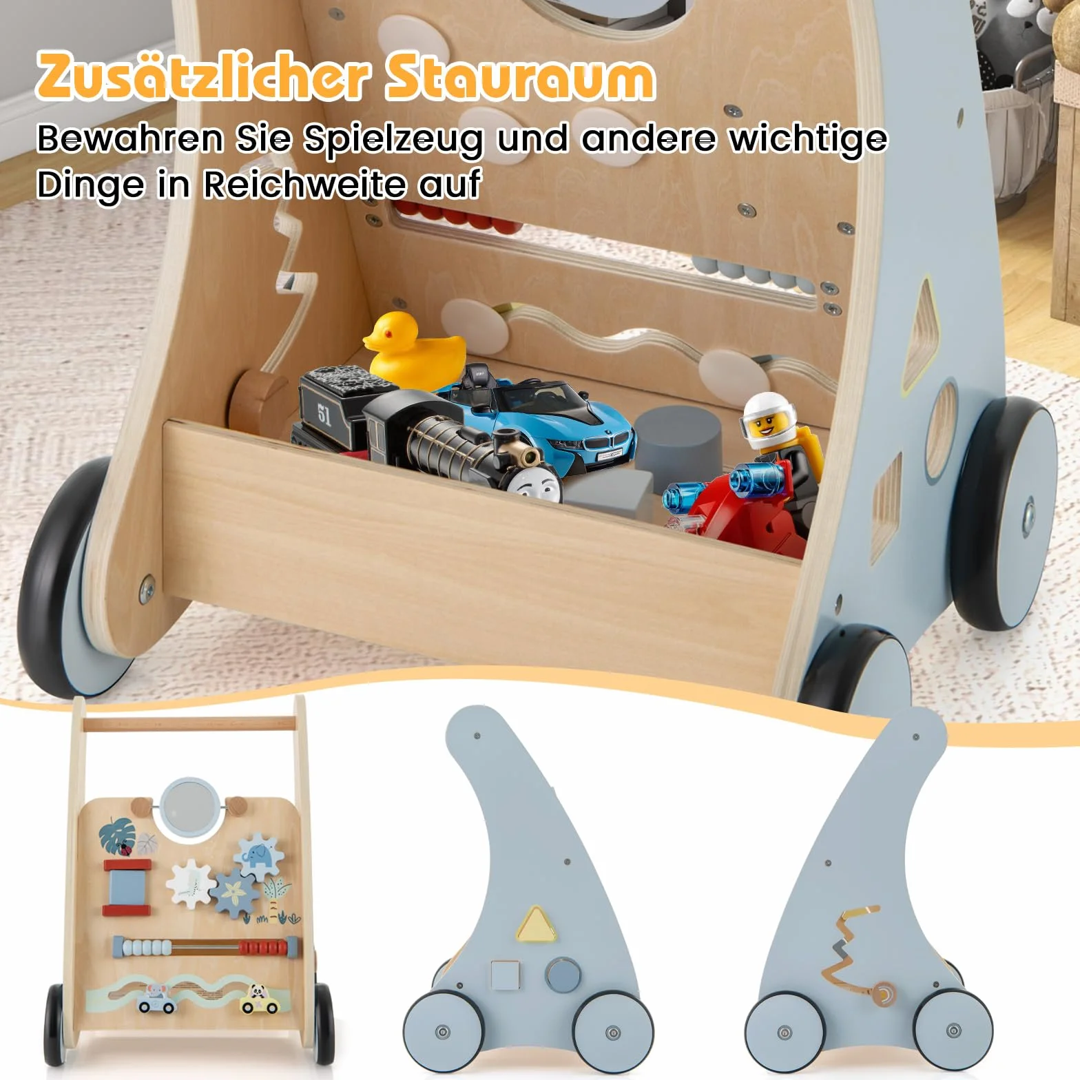 GOPLUS Wózek do nauki chodzenia 2 w 1, drewniany z interaktywnymi elementami, tylna półka, wózek do biegania Montessori Baby Walker dla dziewczynek i chłopców od 1 roku życia