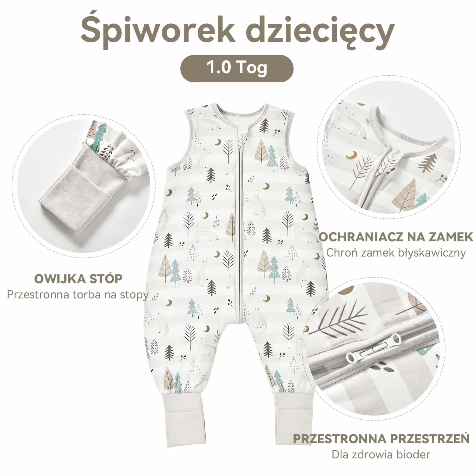 Śpiworek Dziecięcy z Nóżkami 1,0 Tog, 2 Sztuki, Supermiękki Wiskoza z Bambusa, bez Rękawów, dla Chłopców lub Dziewcząt, Wiosna, Lato, Jesień, Szary, Rozmiar S