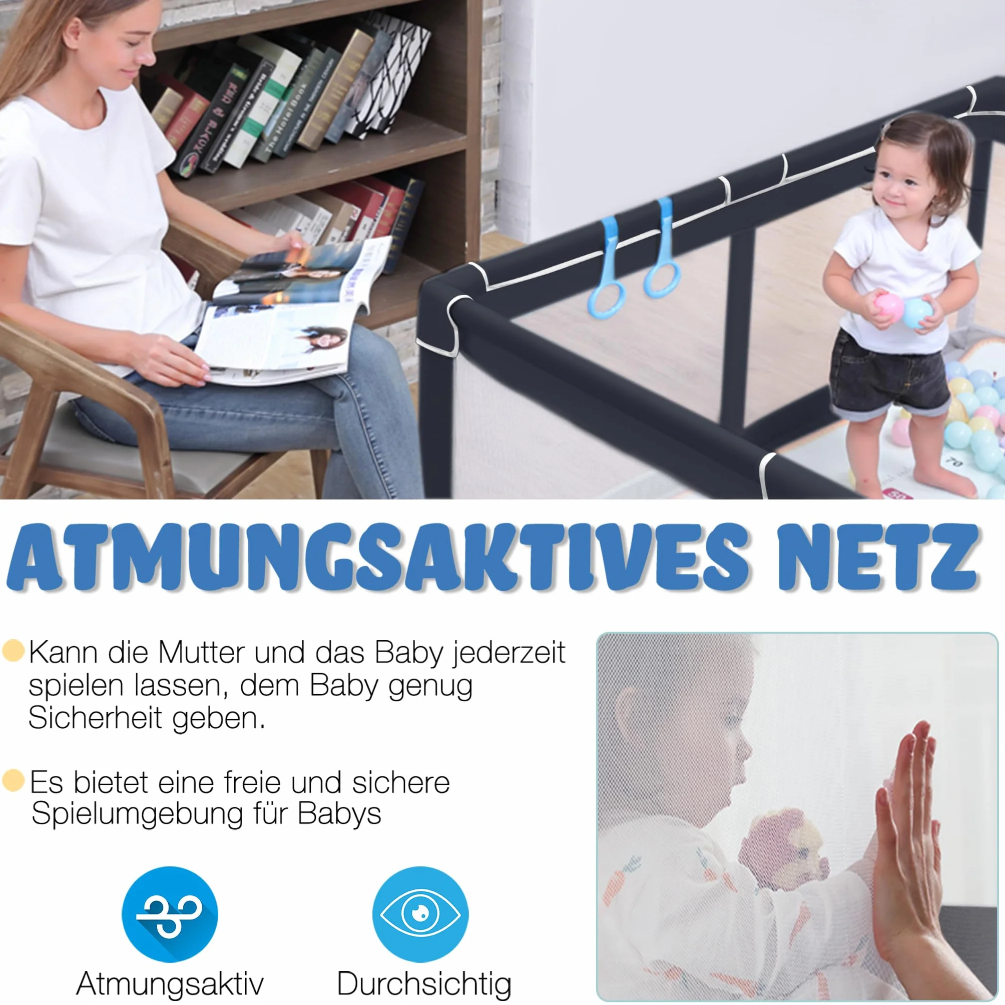 UISEBRT Kojec dla niemowląt, kratka ochronna z antypoślizgową podstawą i oddychającą siatką, 50 piłek, stabilna kratka odcinająca, centrum aktywności dla dzieci, kolor czarny, 127 x 127 cm