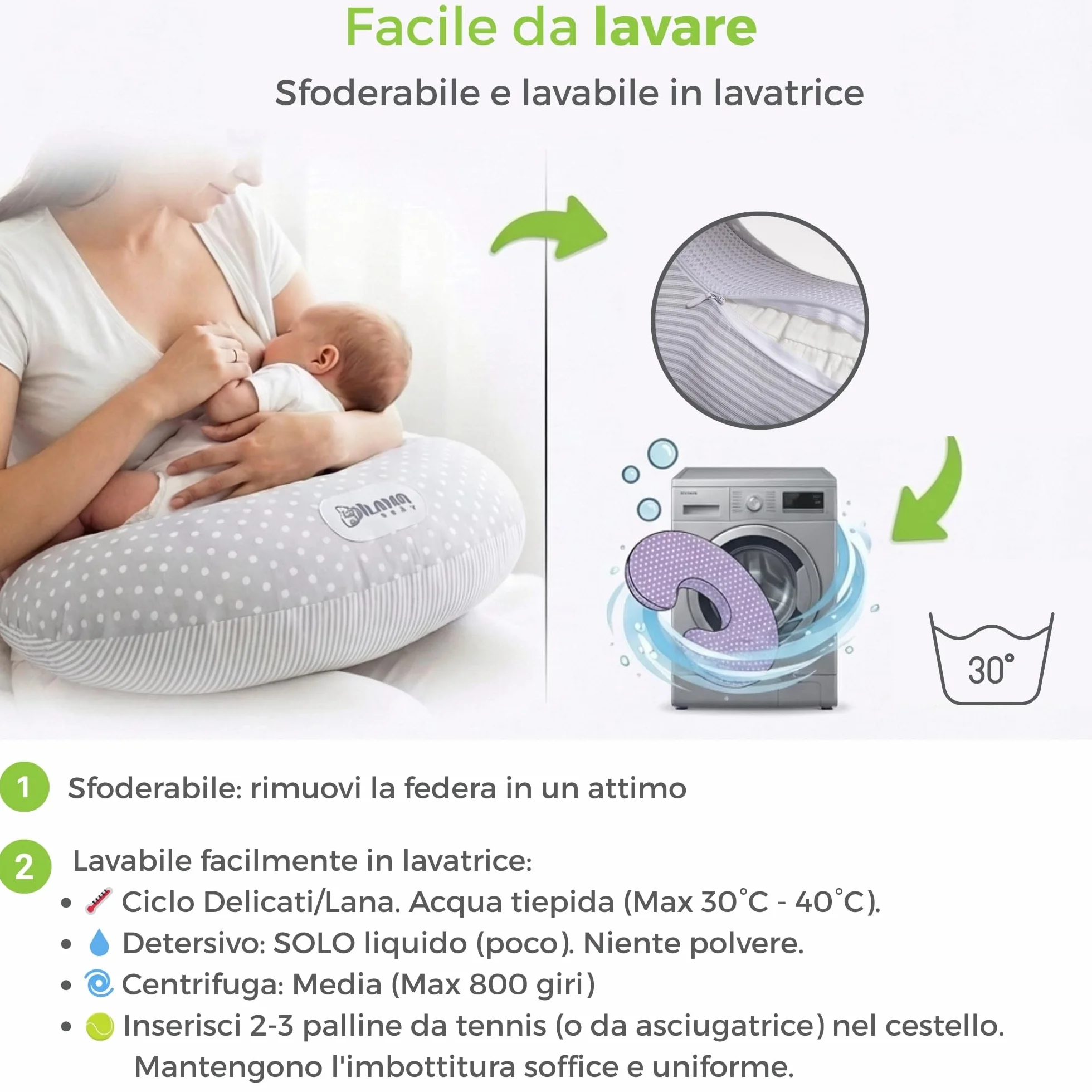 Dilamababy Poduszka do karmienia noworodka z 2 poszewkami na poduszki, wyprodukowana we Włoszech - Regulowane wypełnienie, paski zapewniające maksymalną przyczepność - 100% bawełniana poszewka na