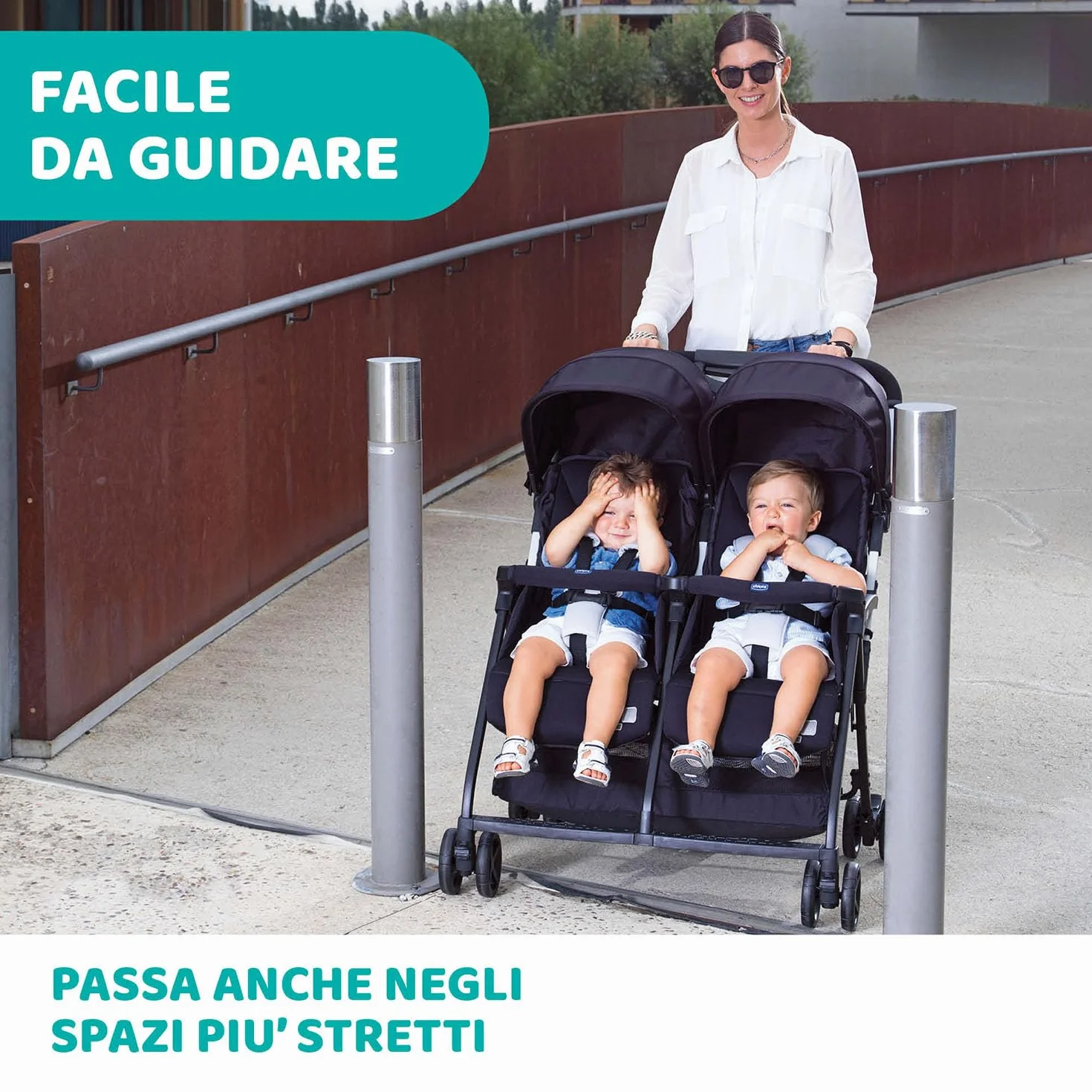 Chicco OHlalà Twin Podwójny Wózek Spacerowy od Urodzenia do 15 kg dla Bliźniaków i Rodzeństwa, Lekki Rozkładany i Składany Wózek, Kompaktowy po Złożeniu, Okrycie Przeciwdeszczowe i Powiększana Budka
