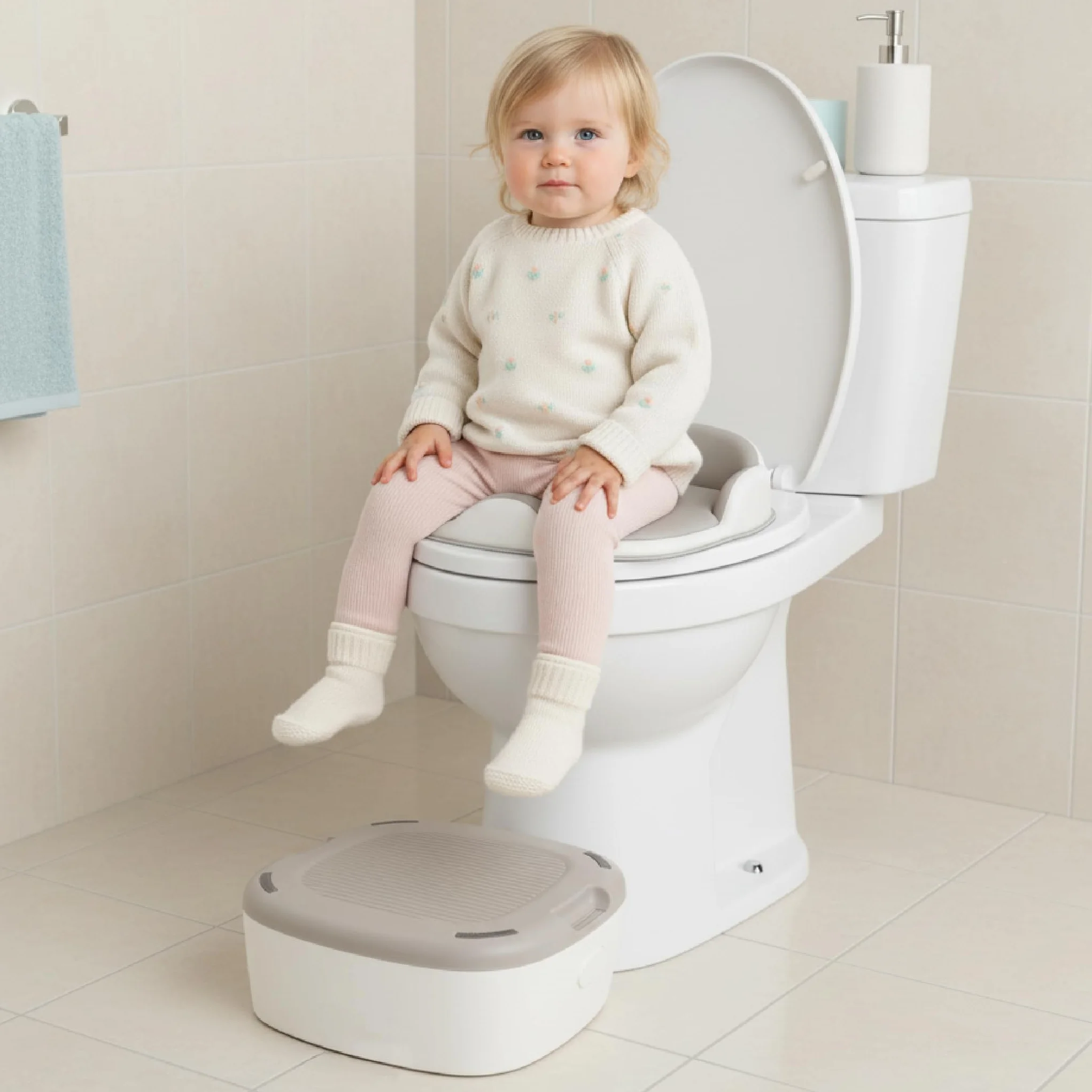 sun baby Nocnik dla dzieci 1-6 lat - nakładka na toaletę, podnóżek - antypoślizgowa baza, miękkie siedzisko, wysokie oparcie, higieniczna pokrywka - Biały-Szary