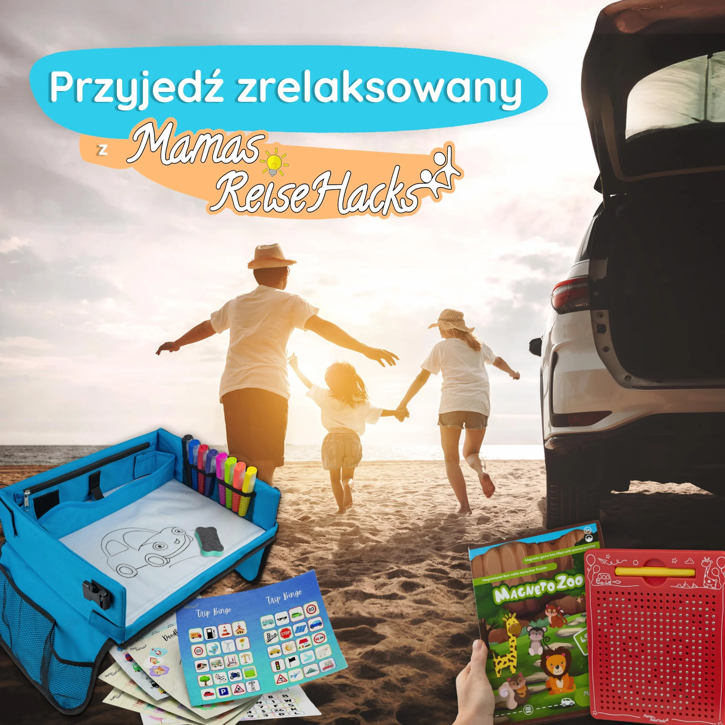 Mamas Reise Hacks Stół podróżny do samochodu dla dzieci – [ze stoperem na tablet i grą samochodową] na tylne siedzenie i jazdę samochodem – stolik dziecięcy, stolik do zabawy, taca na kolana