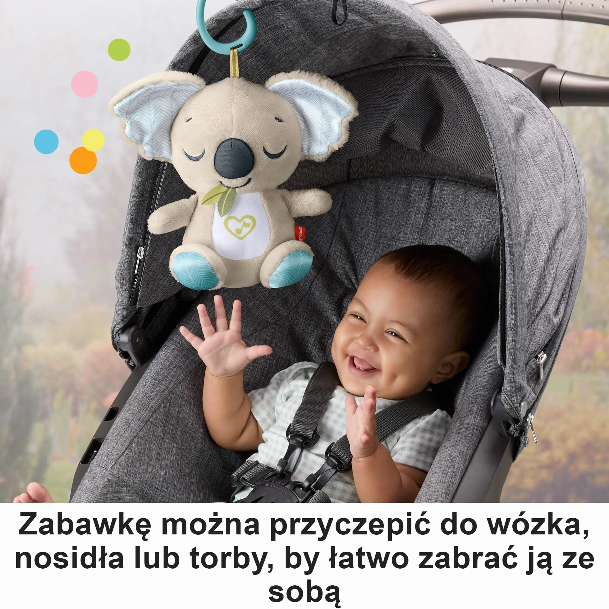 Fisher-Price Koala Muzyczny przenośny uspokajacz Zawieszka do wózka, pluszowy przenośny uspokajacz przytulanka z aktywacjami dźwiękowymi, zabawka sensoryczna dla niemowląt od narodzin, JBD65