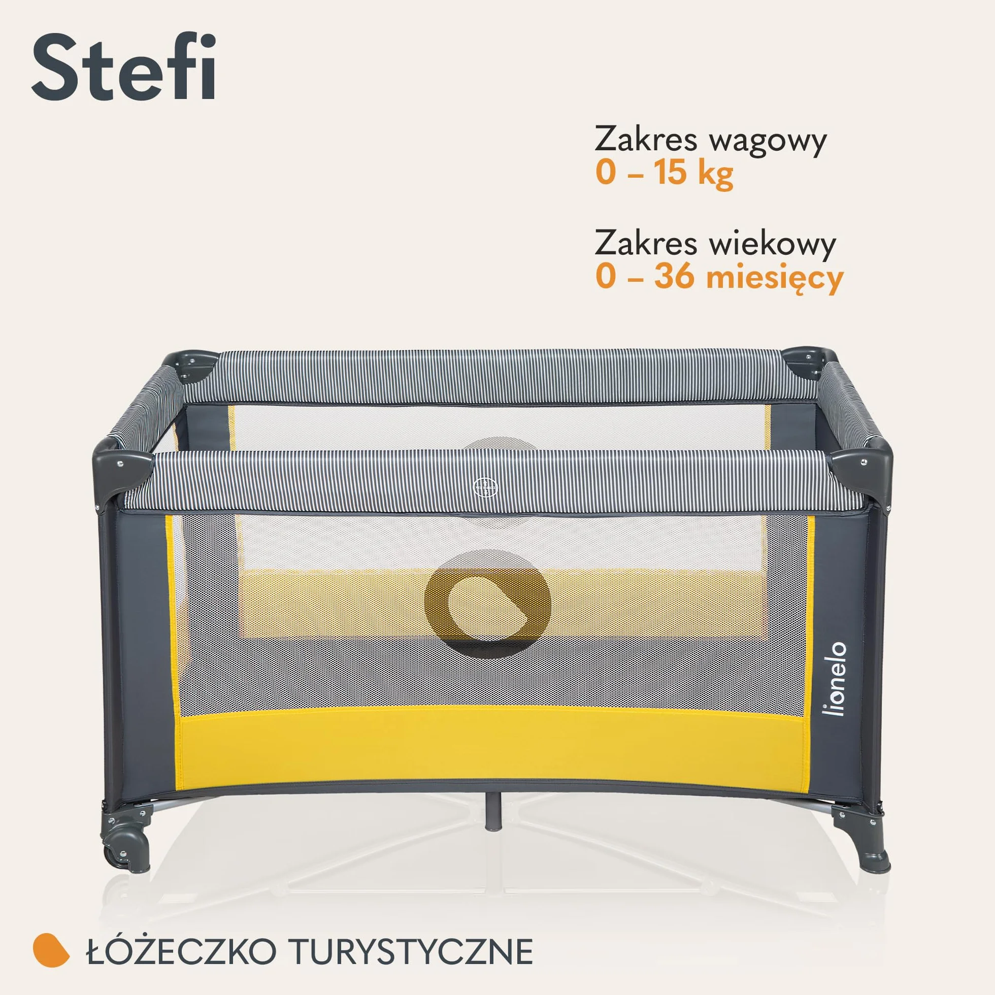 Lionelo LO-STEFI Łóżeczko Turystyczne, Szary/Żółty, 125 x 65 x 73 cm
