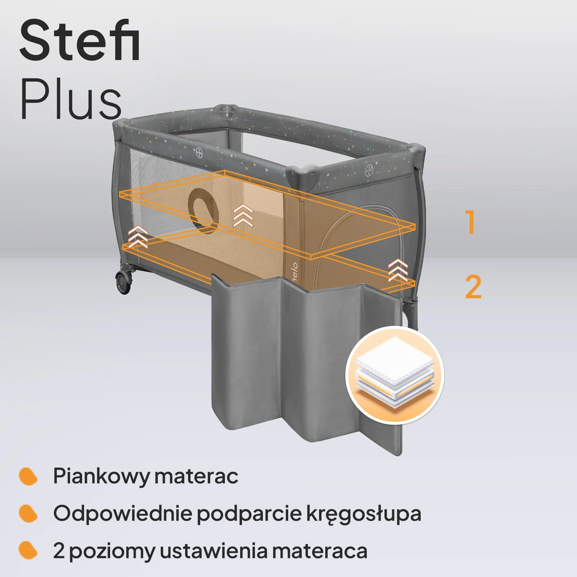 LIONELO Stefi Plus łóżeczko turystyczne 2 w 1 do 15 kg, łóżko dziecięce z materacem, boczne wejście z zamkiem błyskawicznym, wysokiej jakości materac piankowy, szybkie składanie