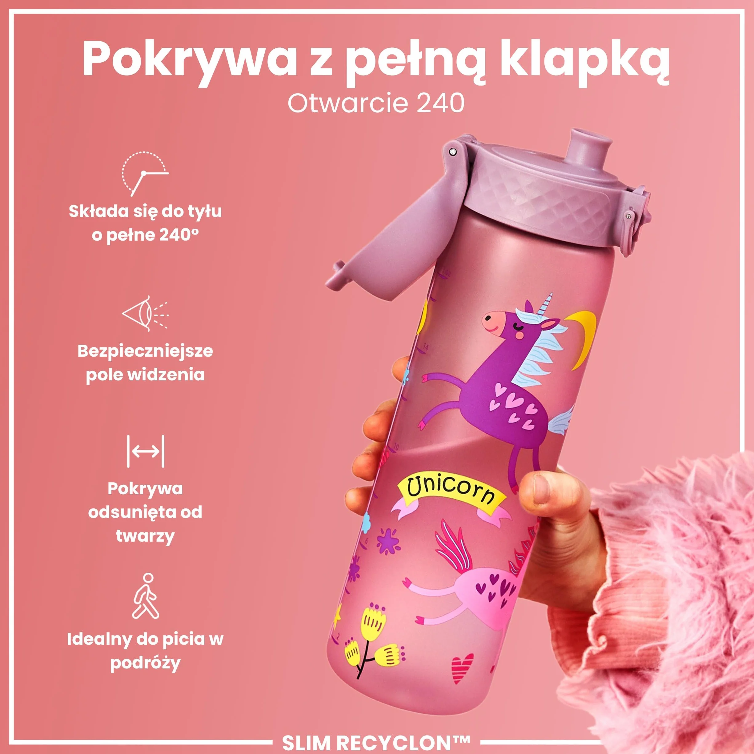 ION8 Butelka na Wodę, 500 ml/18 oz, Szczelna, Łatwe Otwieranie, Bezpieczny Zamek, Można Myć w Zmywarce, Bez BPA, Higieniczne Pokrycie, Uchwyt do Przenoszenia, Łatwa Czyszczenie, Liliowe Jednorożce