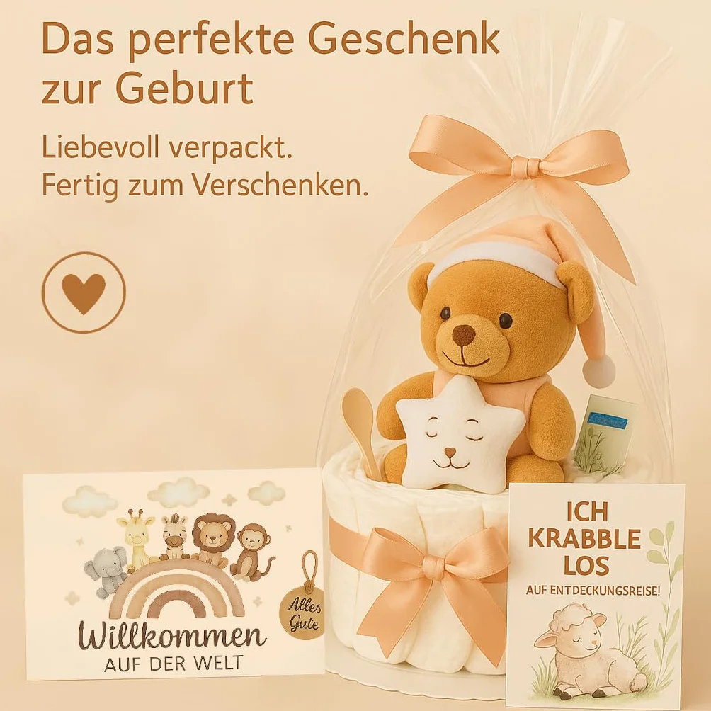 Pieluchy tort boho z pluszakiem dla dziewcząt lub chłopców, prezent z okazji narodzin matki, chrztu lub przyjęcia dla dziecka – pomysł na prezent z pieluchami dla noworodków – w zestawie kartka z