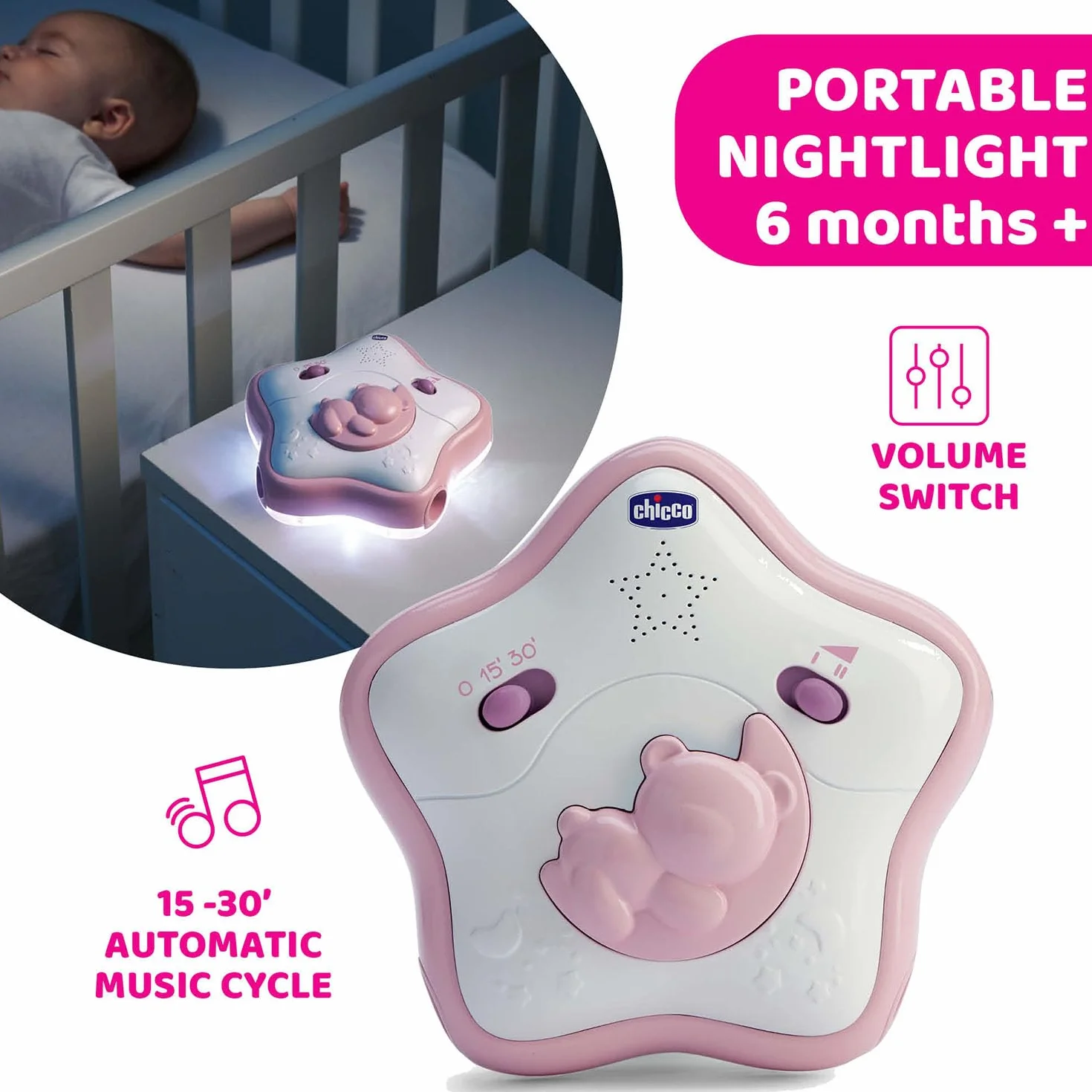 Chicco Panel na Łóżeczko Rainbow Sky 2w1 Kompatybilny z Next2Me, Panel Rainbow Sky Baby i Lampka Nocna dla Dzieci z Ralaksacyjną Muzyką - Zabawki dla Niemowląt 0 m+, Różowy