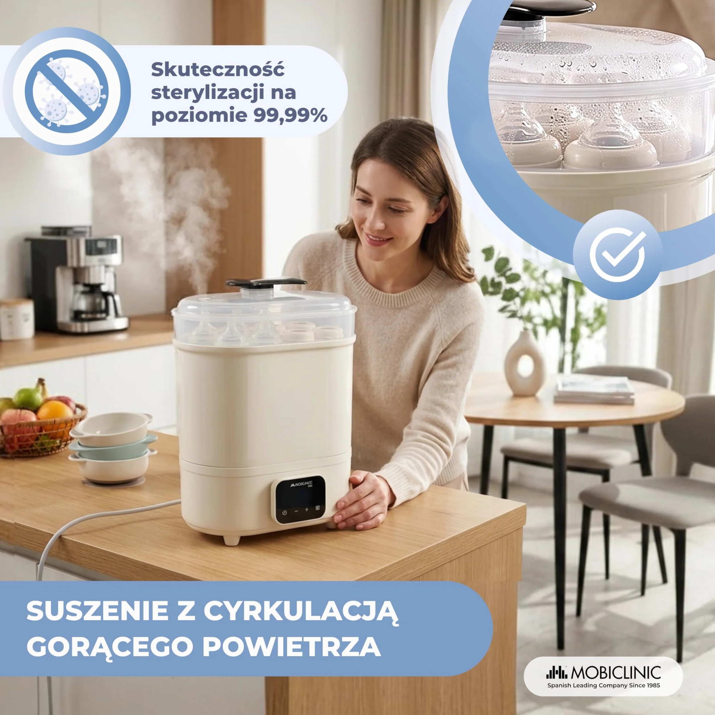 Mobiclinic®, Sterylizator do Butelek, 4 w 1, Tot 6 Flessen, Suszy, Utrzymuje Temperaturę, Tryb Automatyczny, Smoczków i Laktatorów, Ekran LCD, Kompaktowy, Mobibi