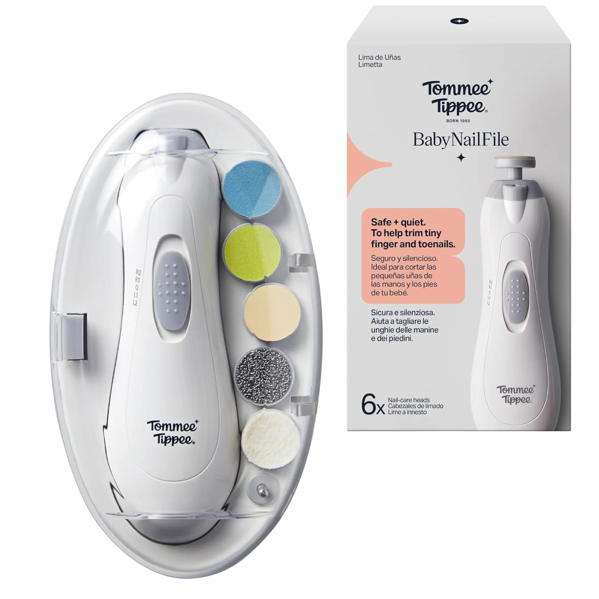 Tommee Tippee Elektryczny obcinacz do paznokci dla dzieci, akumulator, 6 w 1 ze światłem LED, bezpieczny i cichy silnik, zestaw manicure dla niemowląt i dorosłych, 0-12 miesięcy+