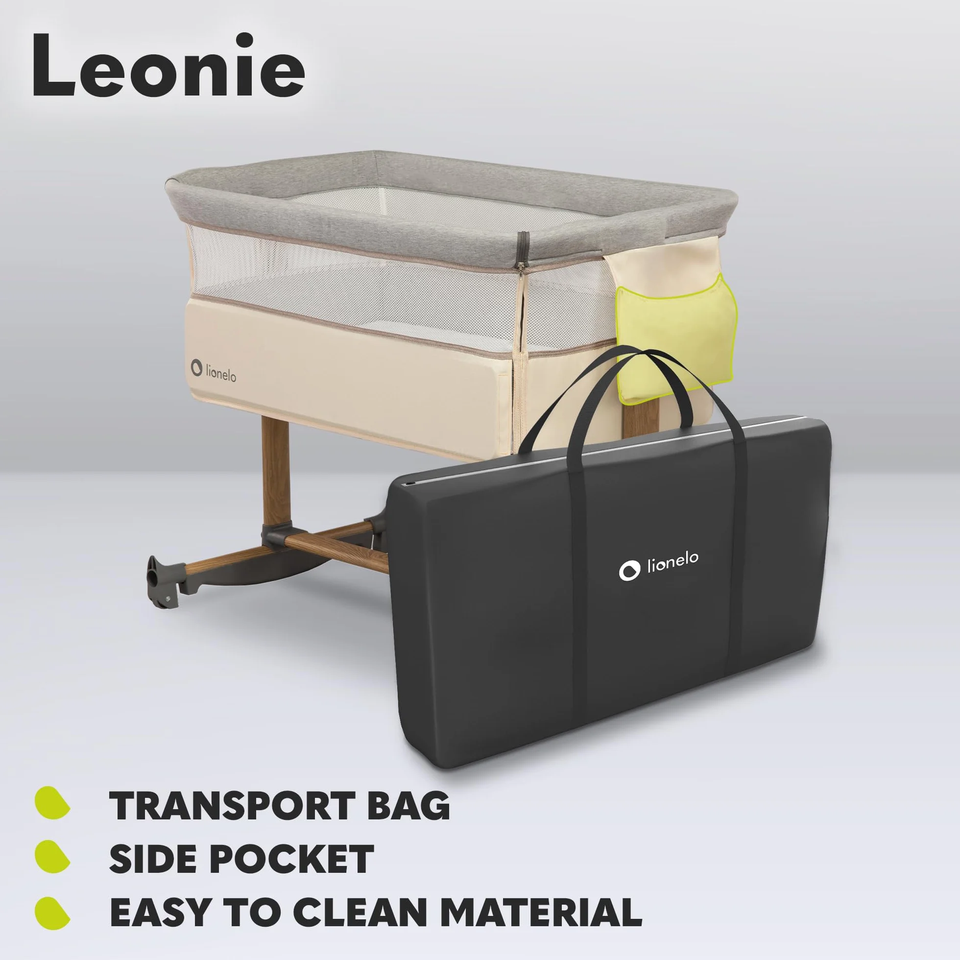 LIONELO Leonie łóżeczko dostawne i turystyczne, regulowana wysokość, wysokiej jakości materac, zwijana ścianka boczna, torba transportowa w zestawie, modny design