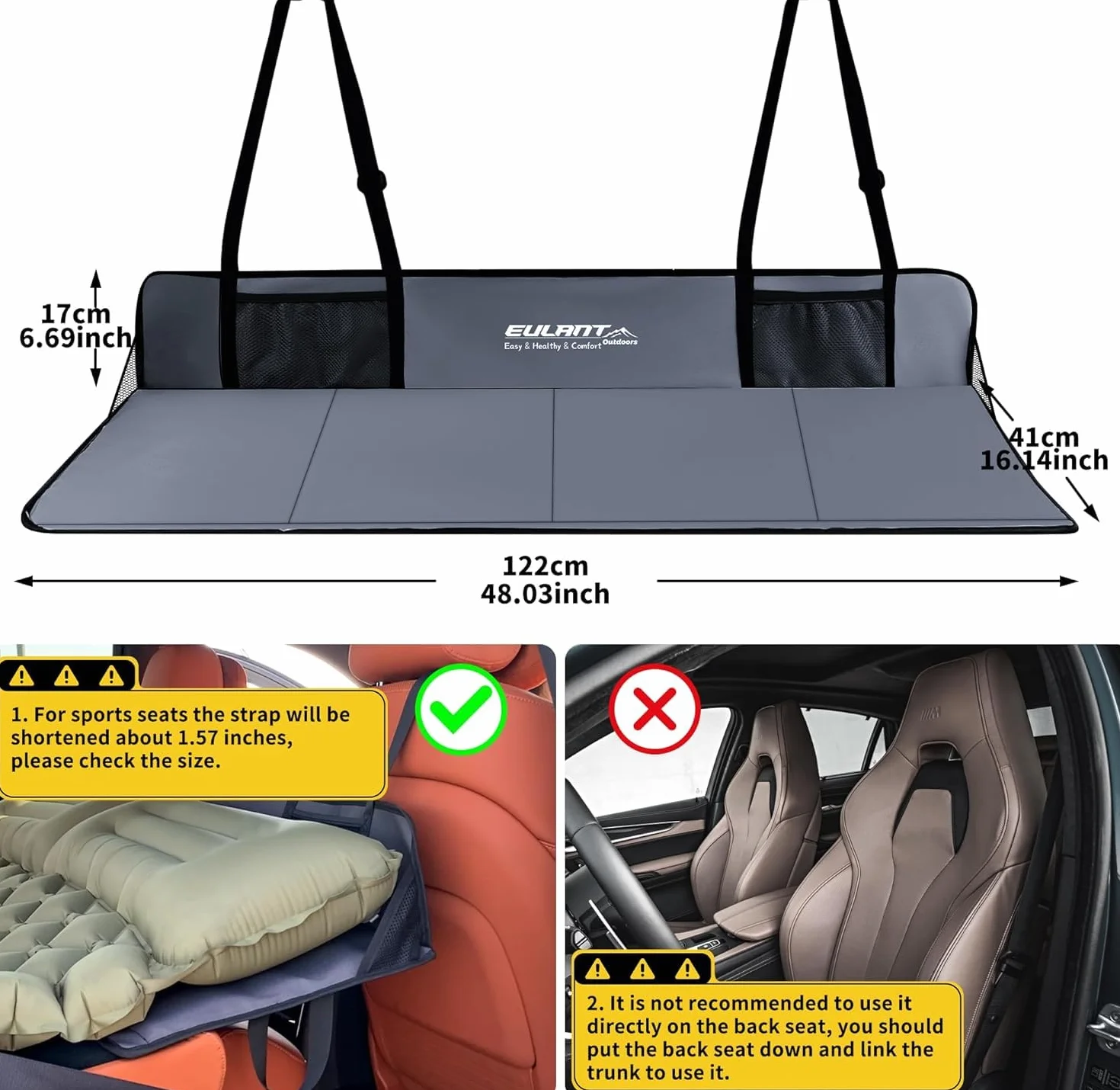 EULANT Mostek na tylne siedzenie samochodu, wsparcie materaca samochodowego, przedłużacz materaca samochodowego do większości samochodów, SUV-ów, MPV, Tesla model Y/Model 3