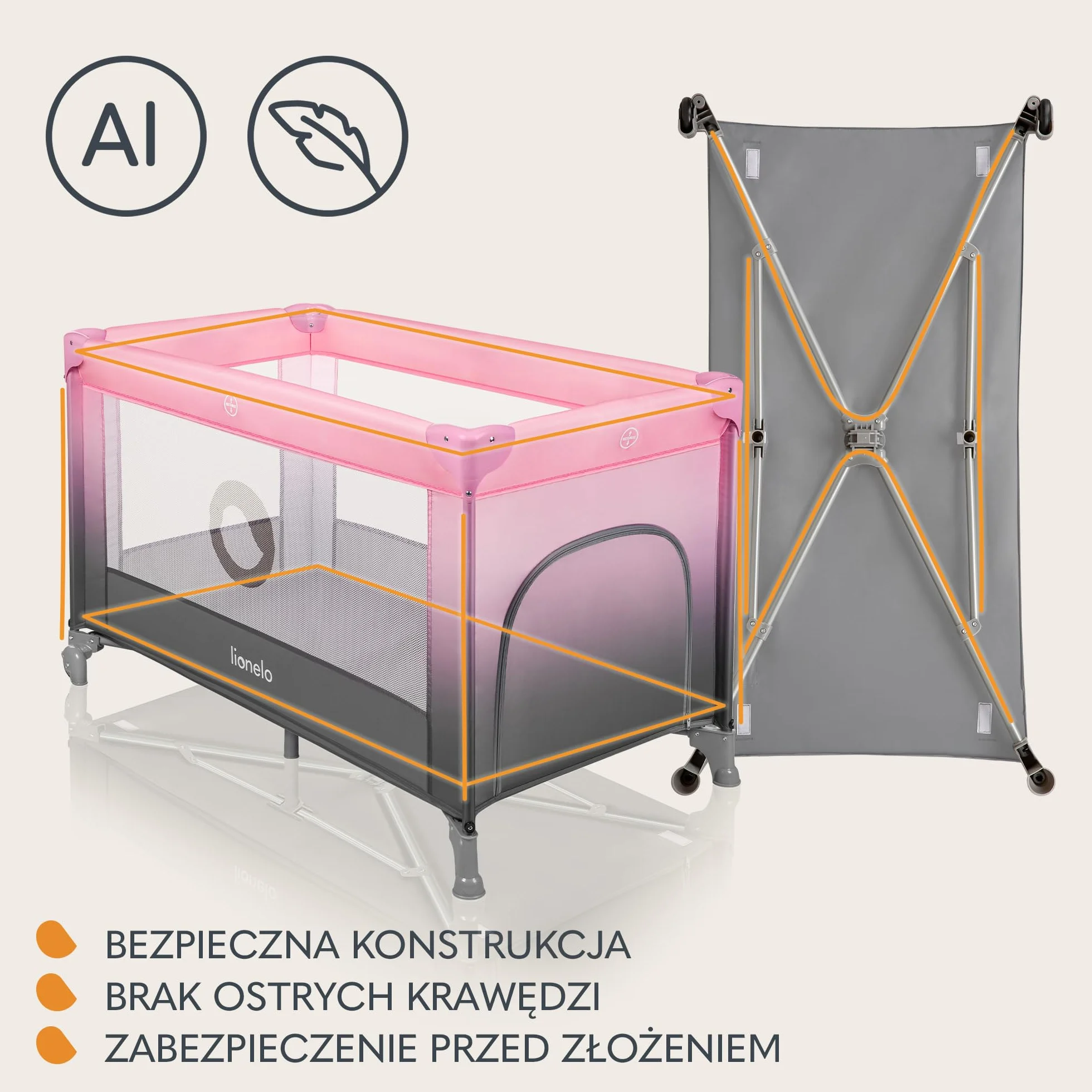 Lionelo Stefi 2 w 1 łóżeczko turystyczne, łóżko dziecięce z przewijakiem, przewiewne ścianki, system LockGuard, łóżeczko przenośne do 15 kg, składane, torba transportowa