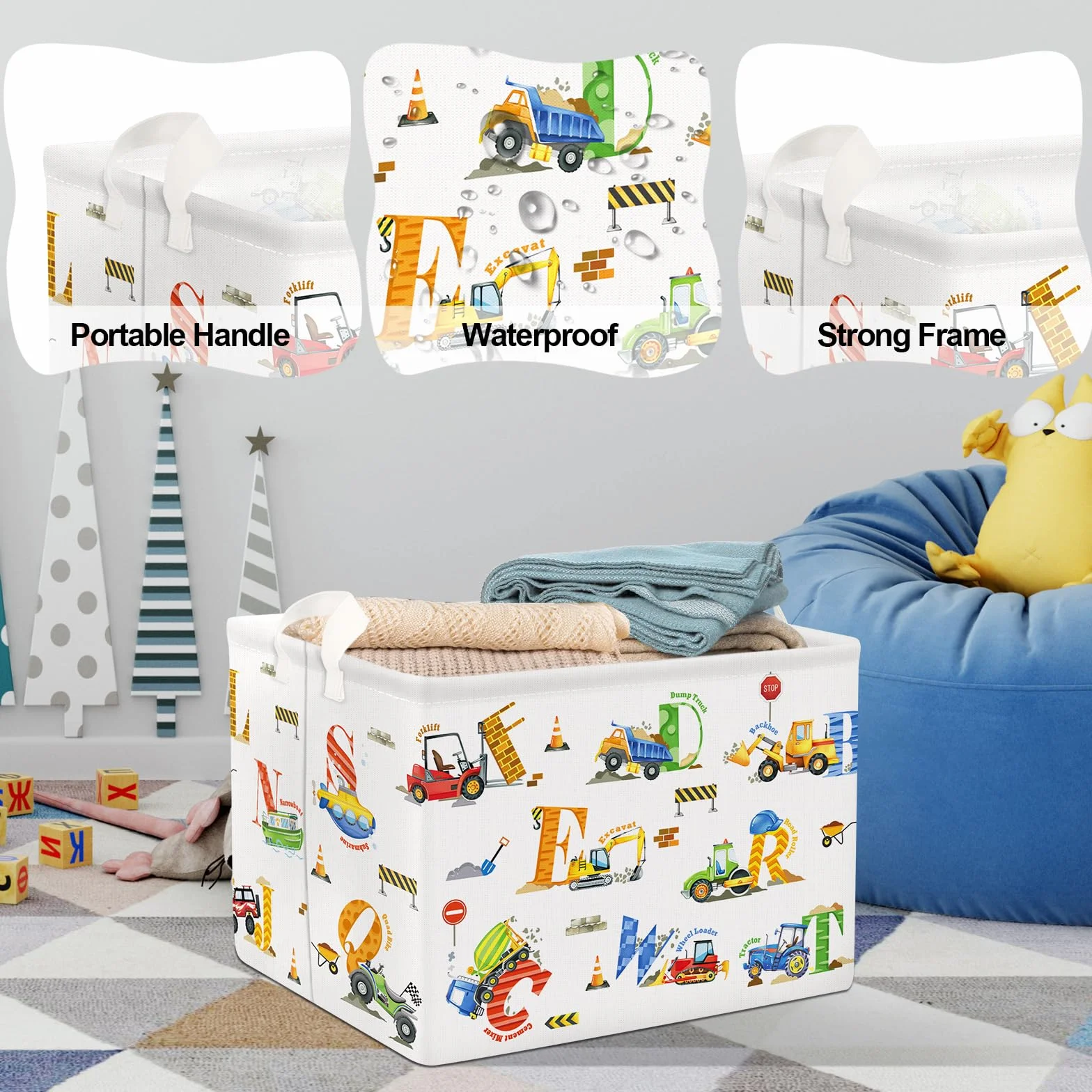 Clastyle 36 l, duża litera, pojazd budowlany, koparka, kosz do przechowywania z uchwytem, biały, prostokątny, zabawka, pudełko do przechowywania ubrań, do pokoju dziecięcego, łazienki
