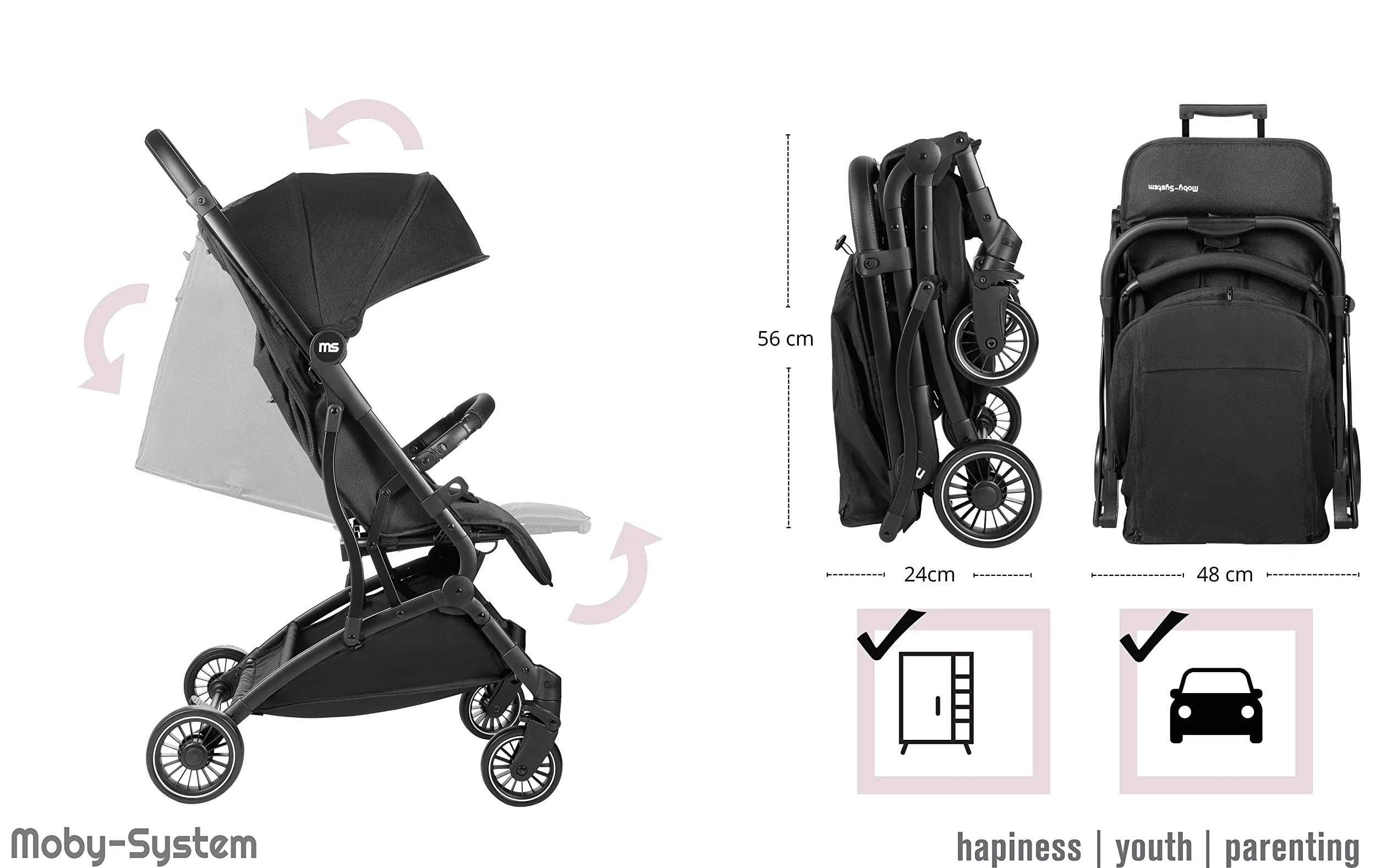 Moby-System Wózek Dziecięcy Składany, Kompaktowa Spacerówka dla Dzieci do 15 kg, 6-36 Miesięcy, Wózek do Samolotu, Duży Kosz na Zakupy, Pokrowiec i Folia Przeciwdeszczowa w Zestawie, Czarny