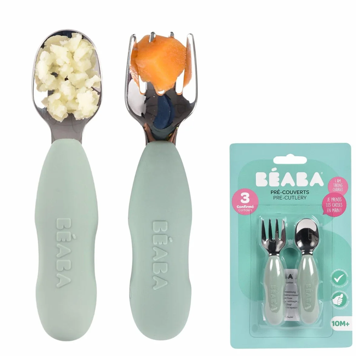 BEABA, zestaw 2 sztućców ze stali nierdzewnej i silikonu, sztućce dla niemowląt, sztućce dla dzieci, od 10 miesięcy, ergonomiczny kształt, ergonomiczny uchwyt, sztućce do nauki dla niemowląt, szałwia