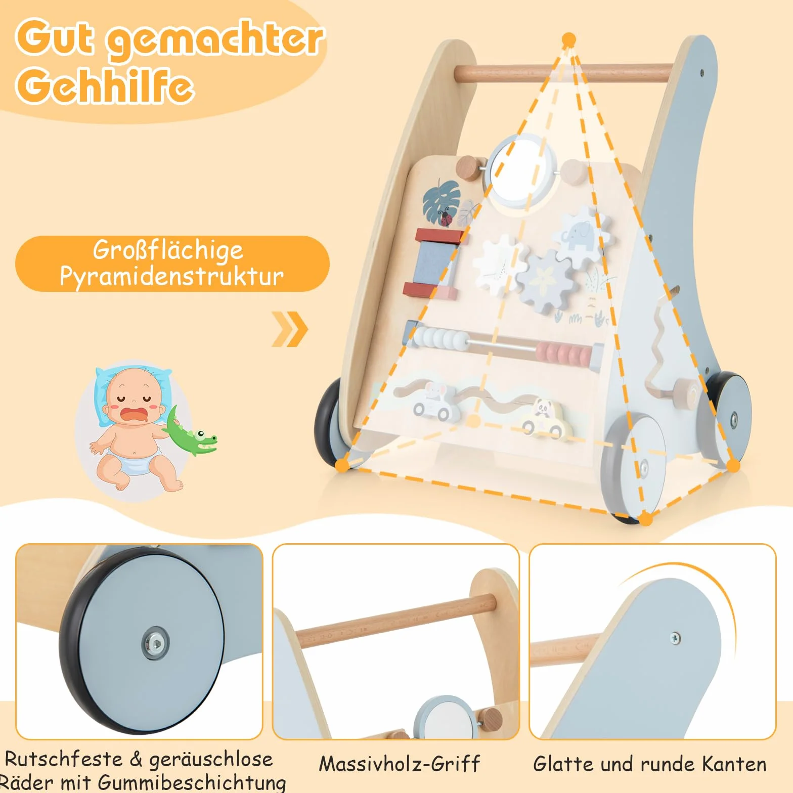 GOPLUS Wózek do nauki chodzenia 2 w 1, drewniany z interaktywnymi elementami, tylna półka, wózek do biegania Montessori Baby Walker dla dziewczynek i chłopców od 1 roku życia