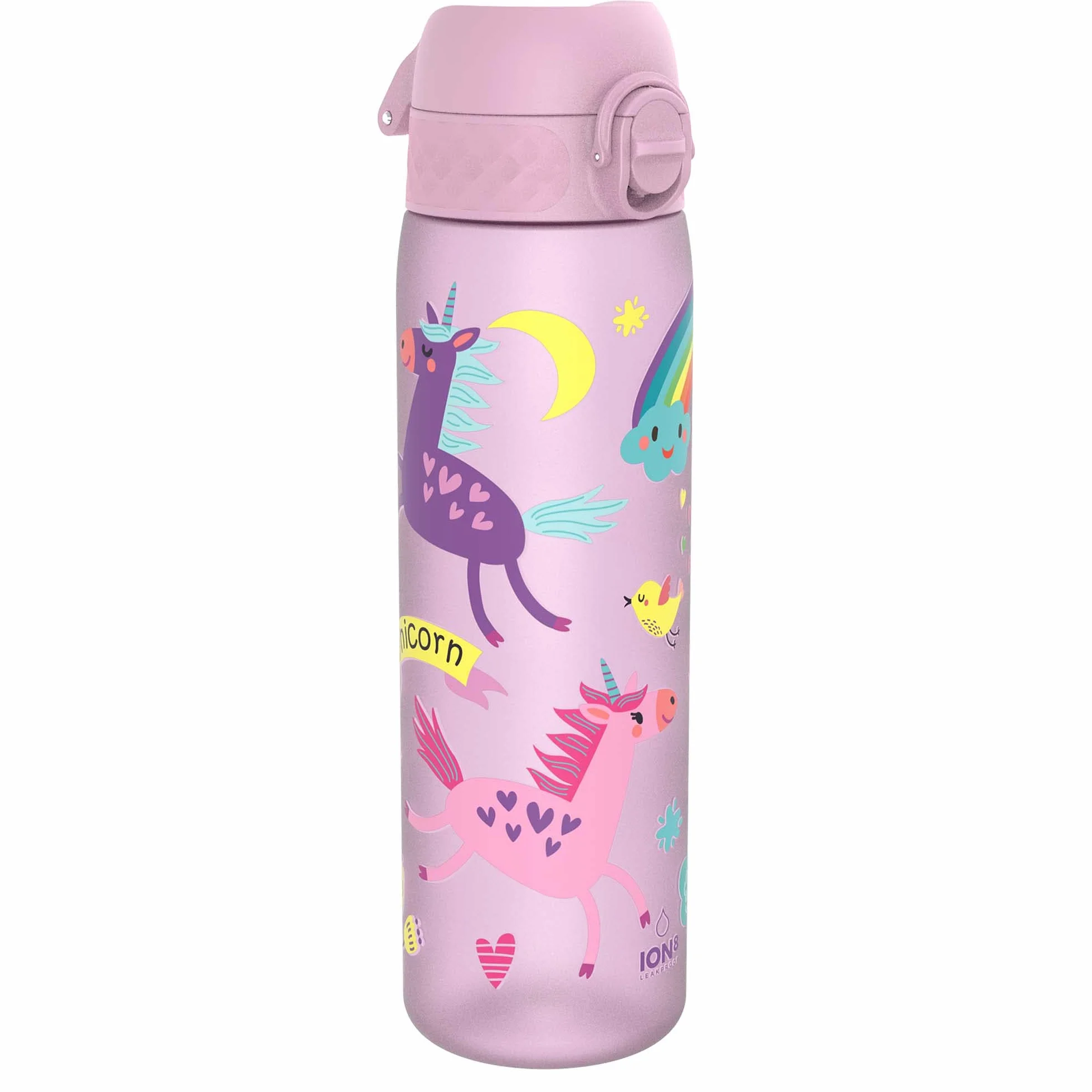 ION8 Butelka na Wodę, 500 ml/18 oz, Szczelna, Łatwe Otwieranie, Bezpieczny Zamek, Można Myć w Zmywarce, Bez BPA, Higieniczne Pokrycie, Uchwyt do Przenoszenia, Łatwa Czyszczenie, Liliowe Jednorożce