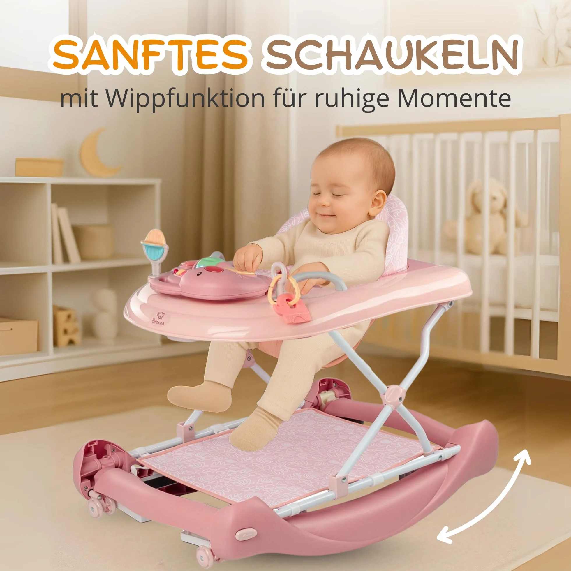 5 w 1 Baby Walker chodzik z funkcją kołysania, muzyka i światło, pomoc w chodzeniu dla dzieci od 6 miesięcy, regulacja wysokości, składany, różowy