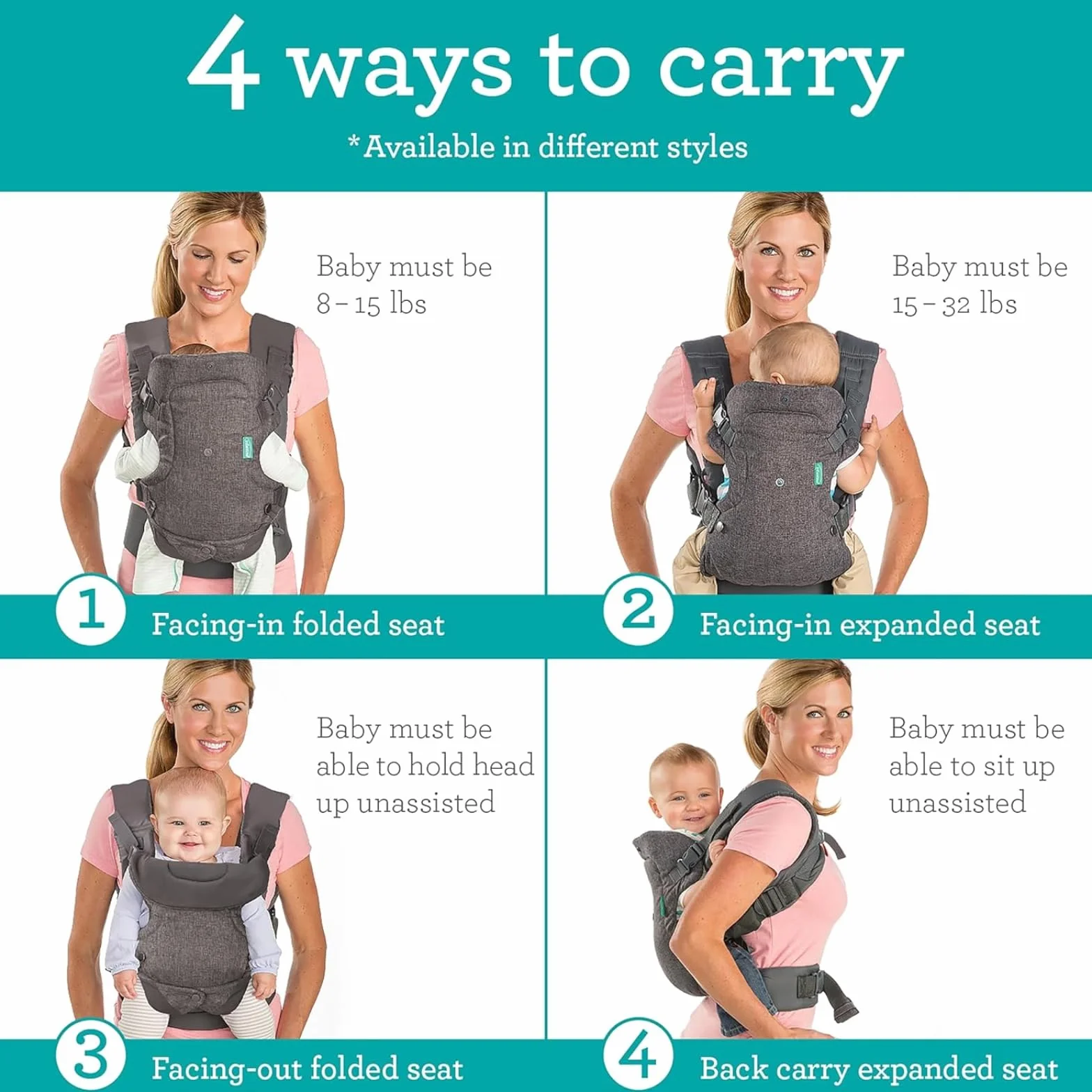 Infantino Flip Advanced 4-in-1 Carrier with Bib - Ergonomic, Convertible, Face-in and Face-out Front and Back Carry for Newborns and Older Babies, 8-32 lbs / 3.6-14.5 kg