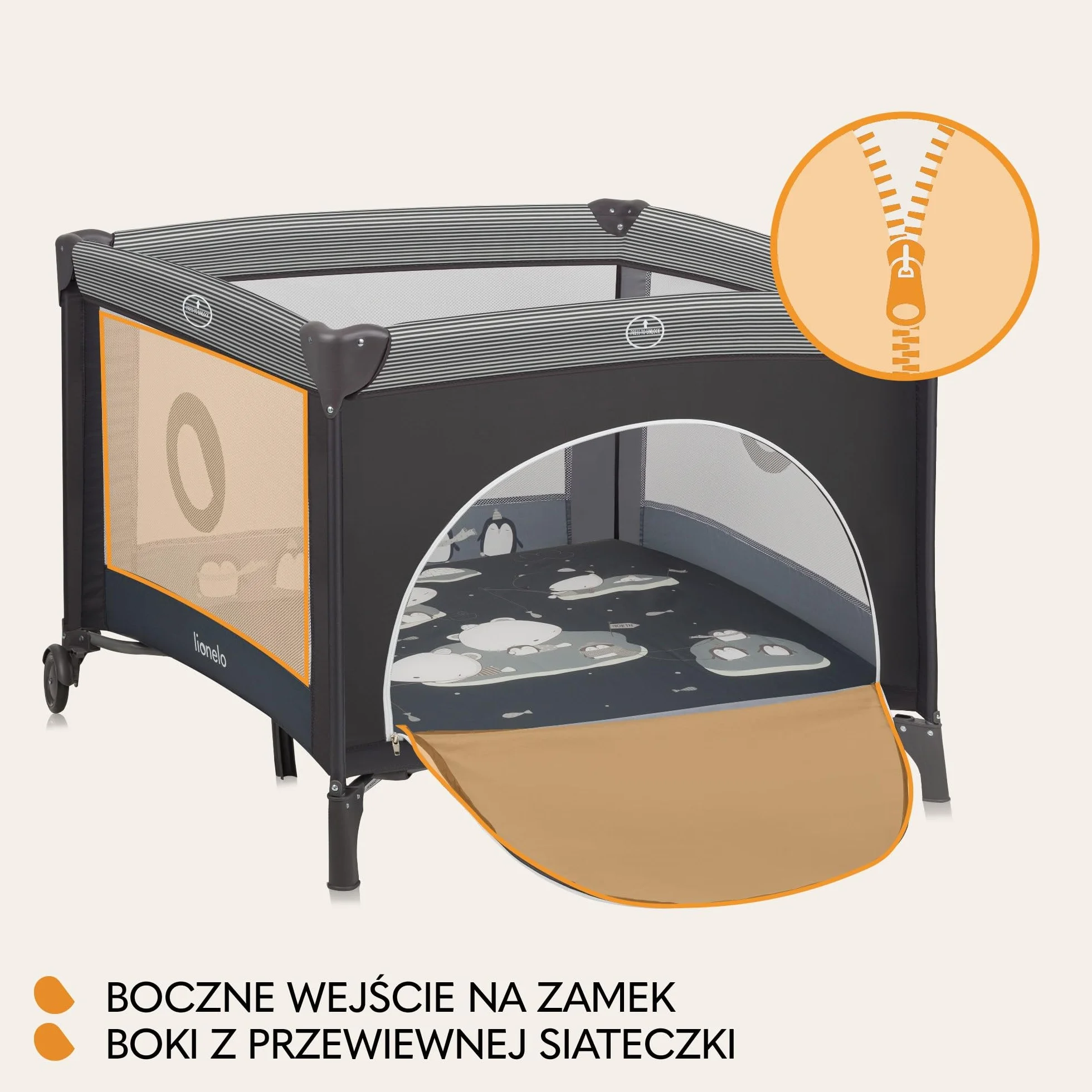 LIONELO BONNIE Kojec Dziecięcy do15 kg, od Urodzenia do 36 miesięcy Boczne Wejście na Zamek, Boki z Przewiewnej Siatki, Szybkie Składanie, Koła z Hamulcem, Torba do Przenoszenia (Ciemny szary)