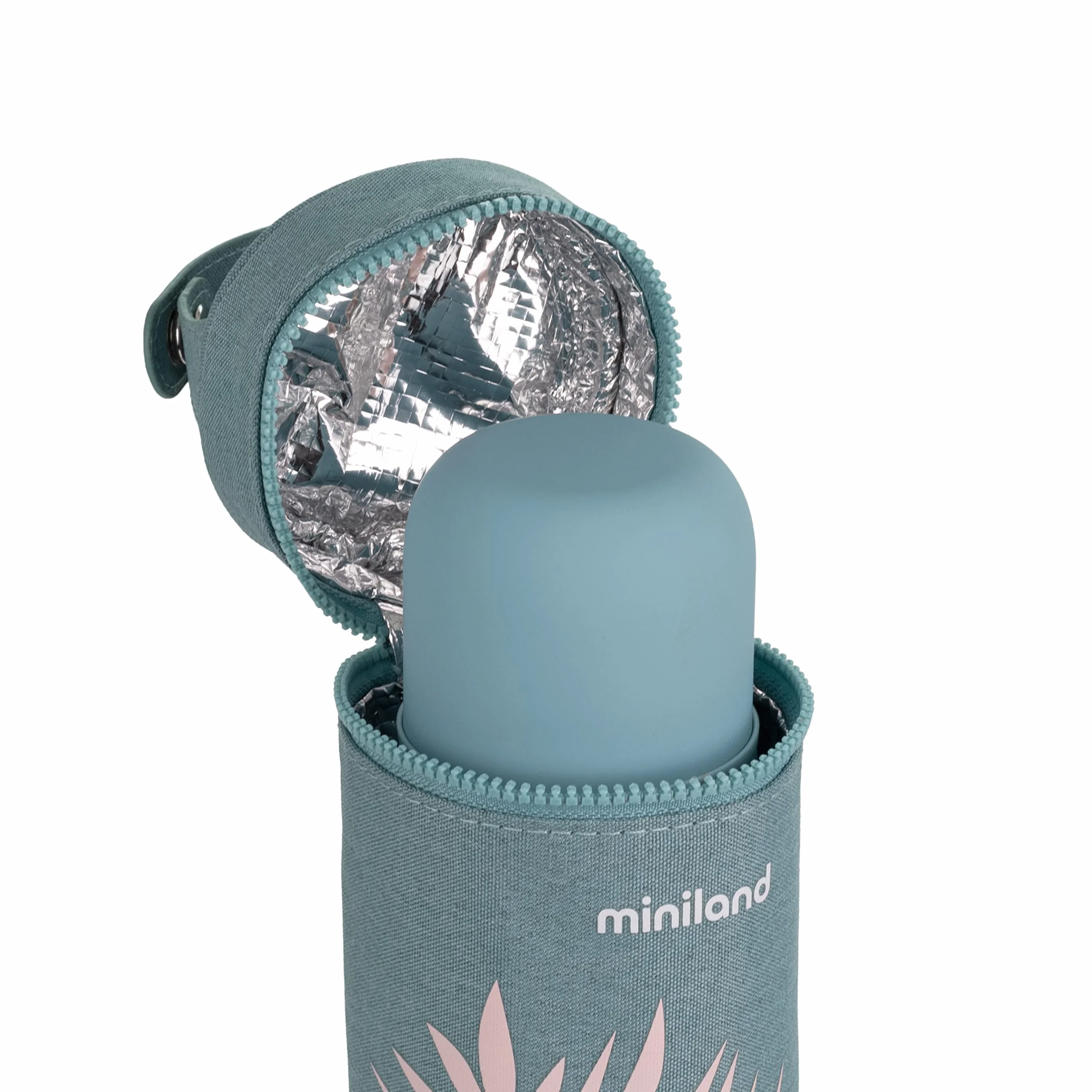 Miniland Thermibag Palms 500 ml izotermiczny pokrowiec z uchwytem do łatwego zawieszania i przenoszenia - idealny do butelek dla niemowląt lub termosów, niebieski, 89452