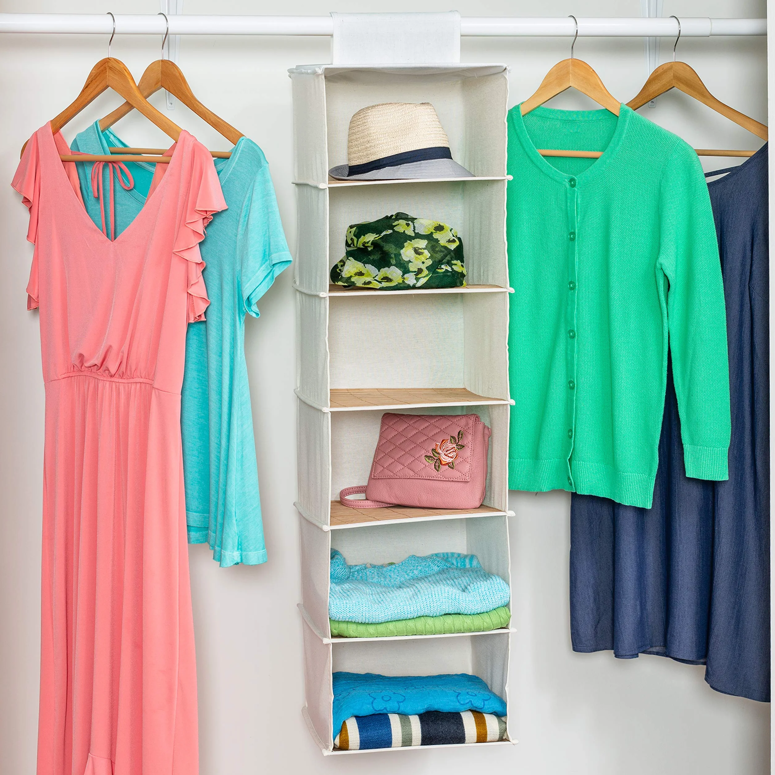Honey-Can-Do SFT-01003 Hanging Closet Organizer, Bamboo/Canvas, 6-Shelf, 1.5 x 13 x 14.5 inches