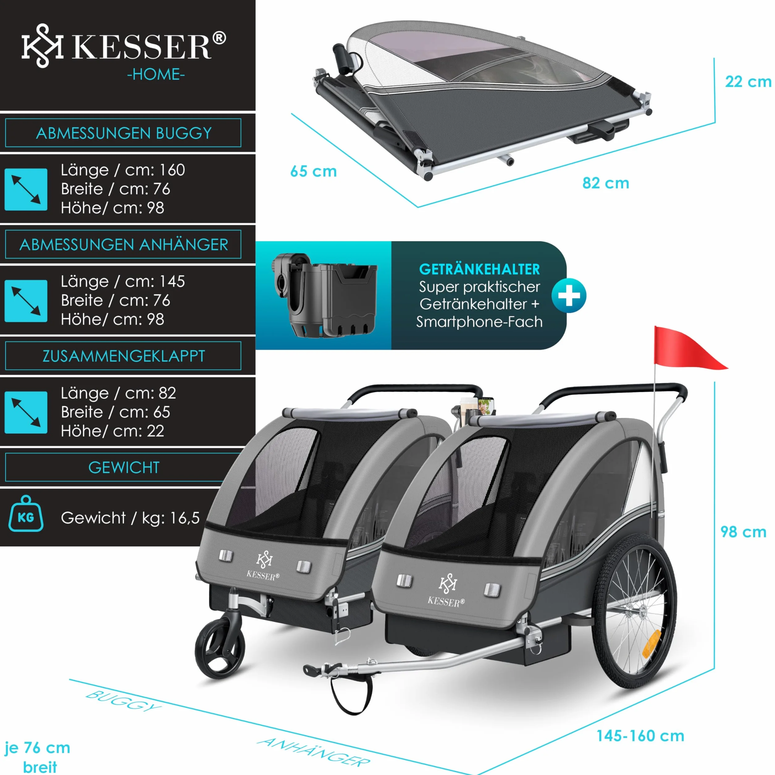 KESSER® Sport-RX 2 w 1 Przyczepka rowerowa dla dzieci, z funkcją jogger, 5-punktowy pas bezpieczeństwa, przednie koło obracane o 360º, spacerówka, dla 1-2 dzieci, maks. 40 kg