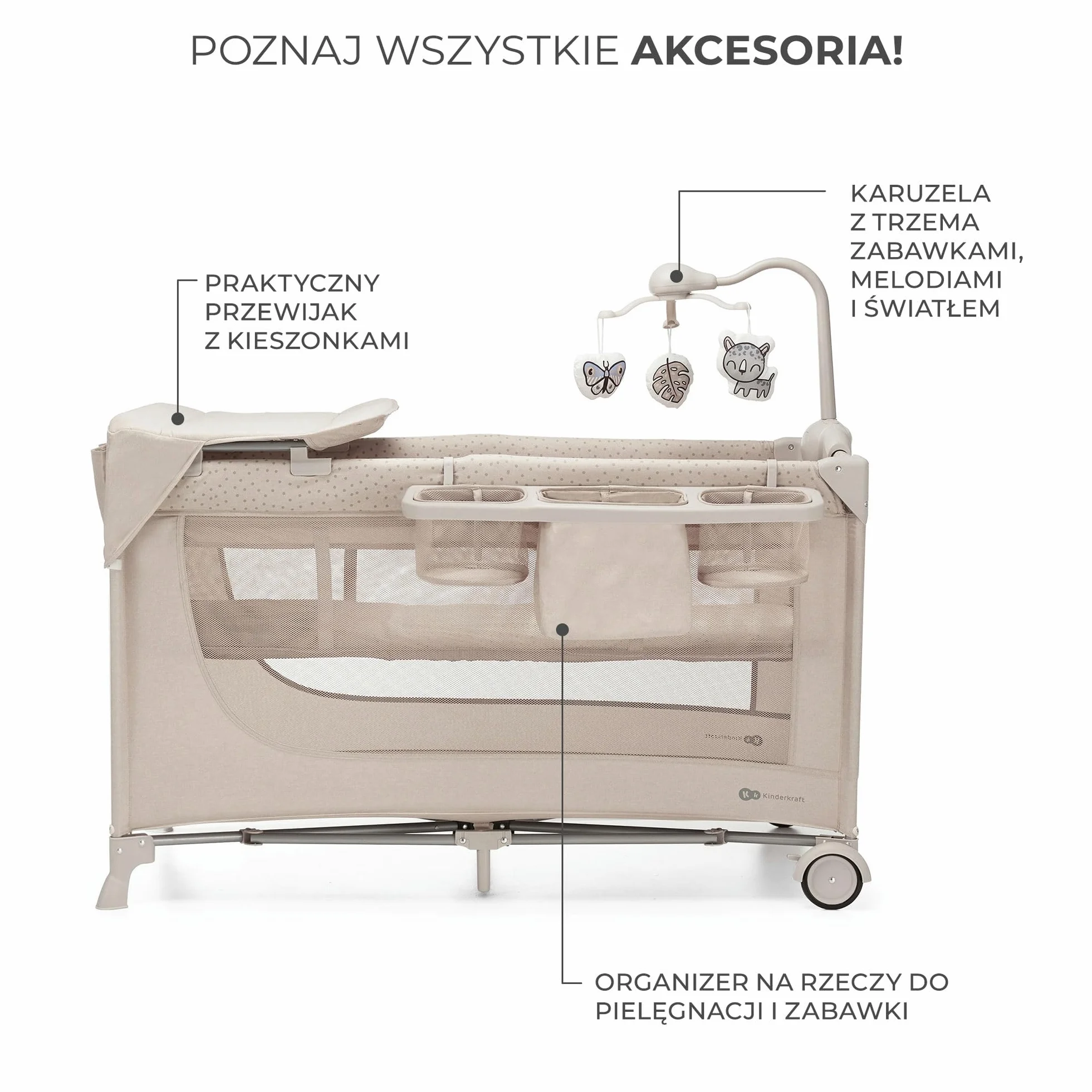 Kinderkraft JOY ACC 2 Łóżeczko turystyczne 3 w 1, Boczne wejście, Szybkie składanie i rozkładanie, Zabezpieczenie przed złożeniem, Kółka i torba ułatwiające transport, Pałąk z zabawkami, Beżowy