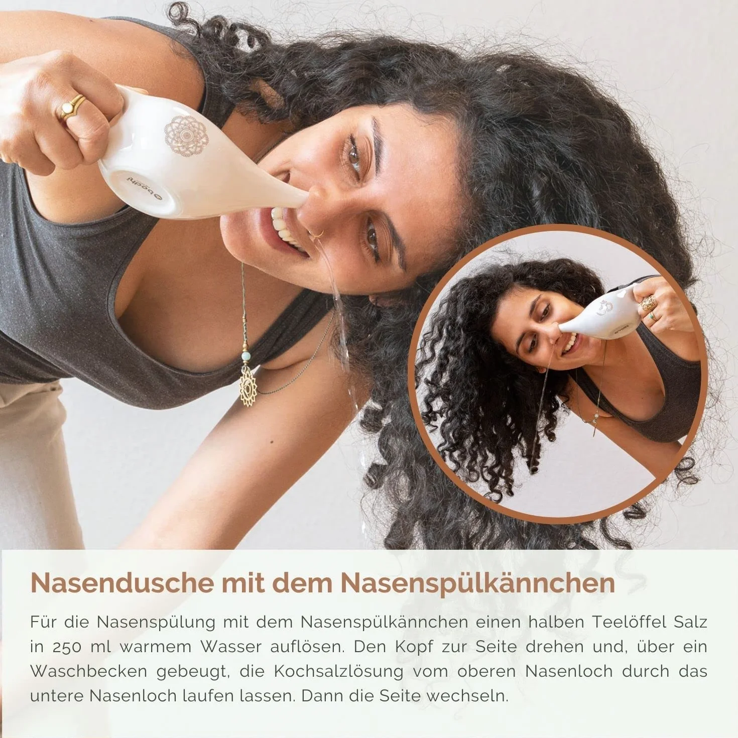 bodhi NETI POT - Bricco per il naso in ceramica Neti con mandala (argento), caraffa per il risciacquo del naso, Nethi Pot