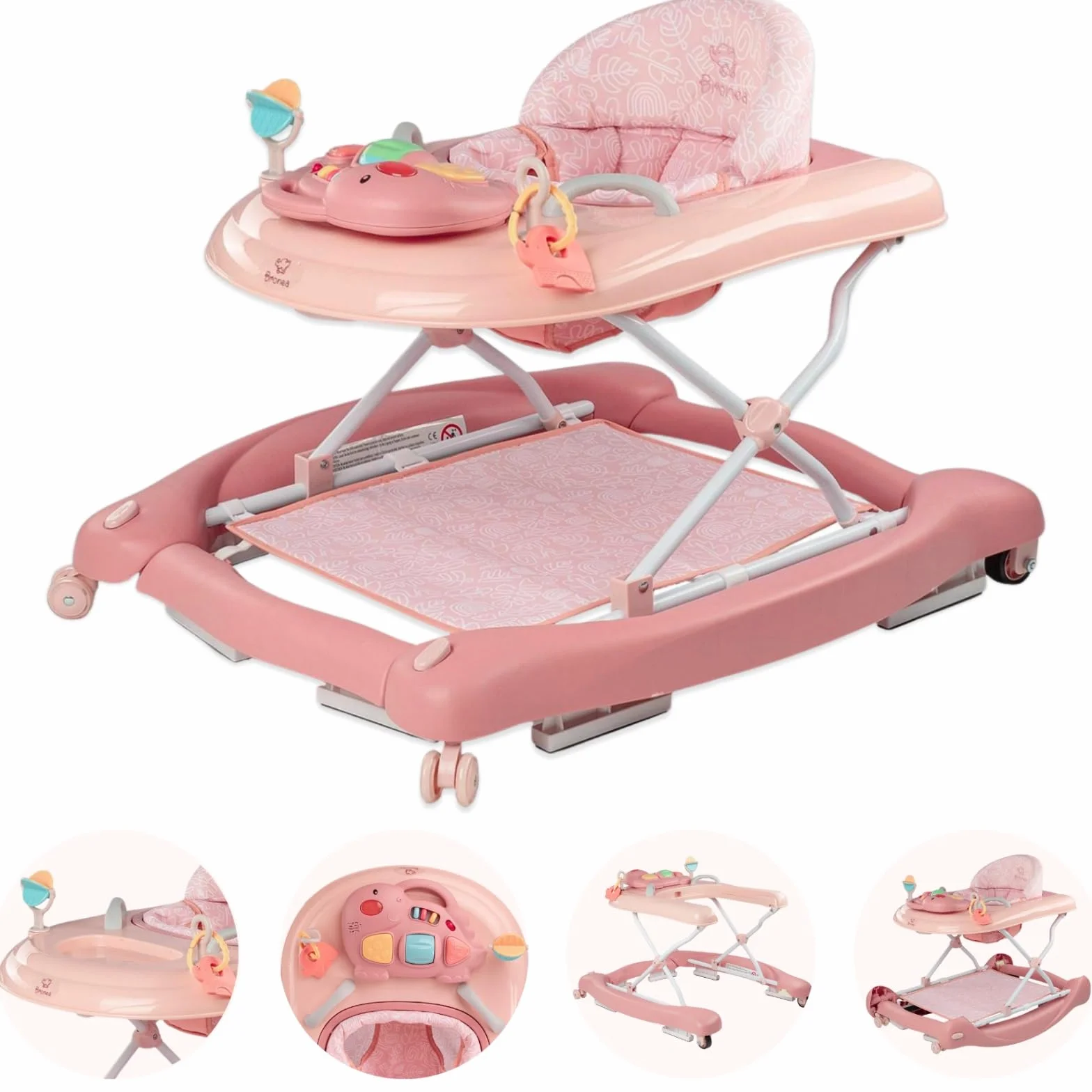 5 w 1 Baby Walker chodzik z funkcją kołysania, muzyka i światło, pomoc w chodzeniu dla dzieci od 6 miesięcy, regulacja wysokości, składany, różowy