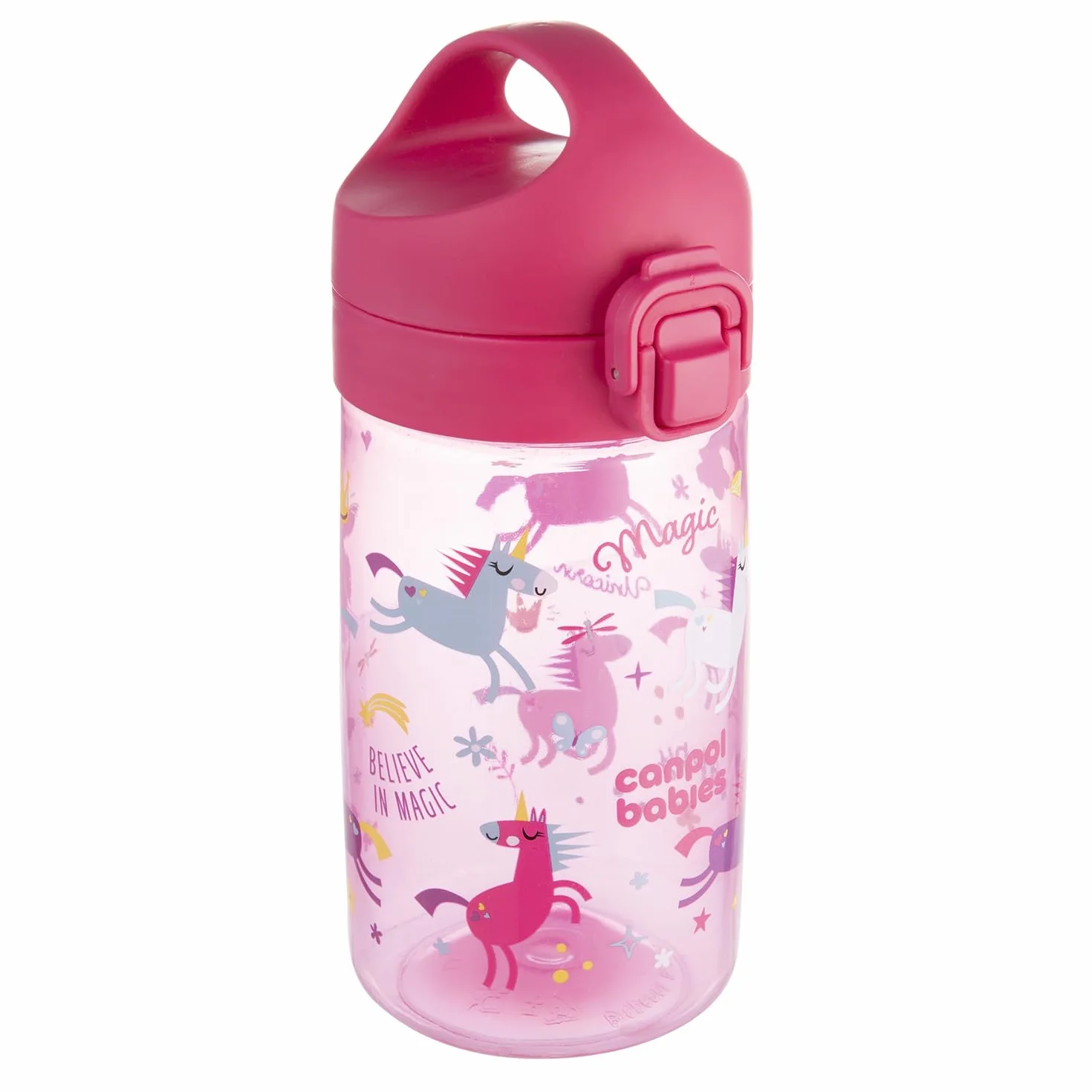 Canpol babies Bidon na wodę dla dzieci od 2,5 r.ż. Junior 400 ml Blokada przycisku, Wygodny do picia i mycia ustnik (Różowy)