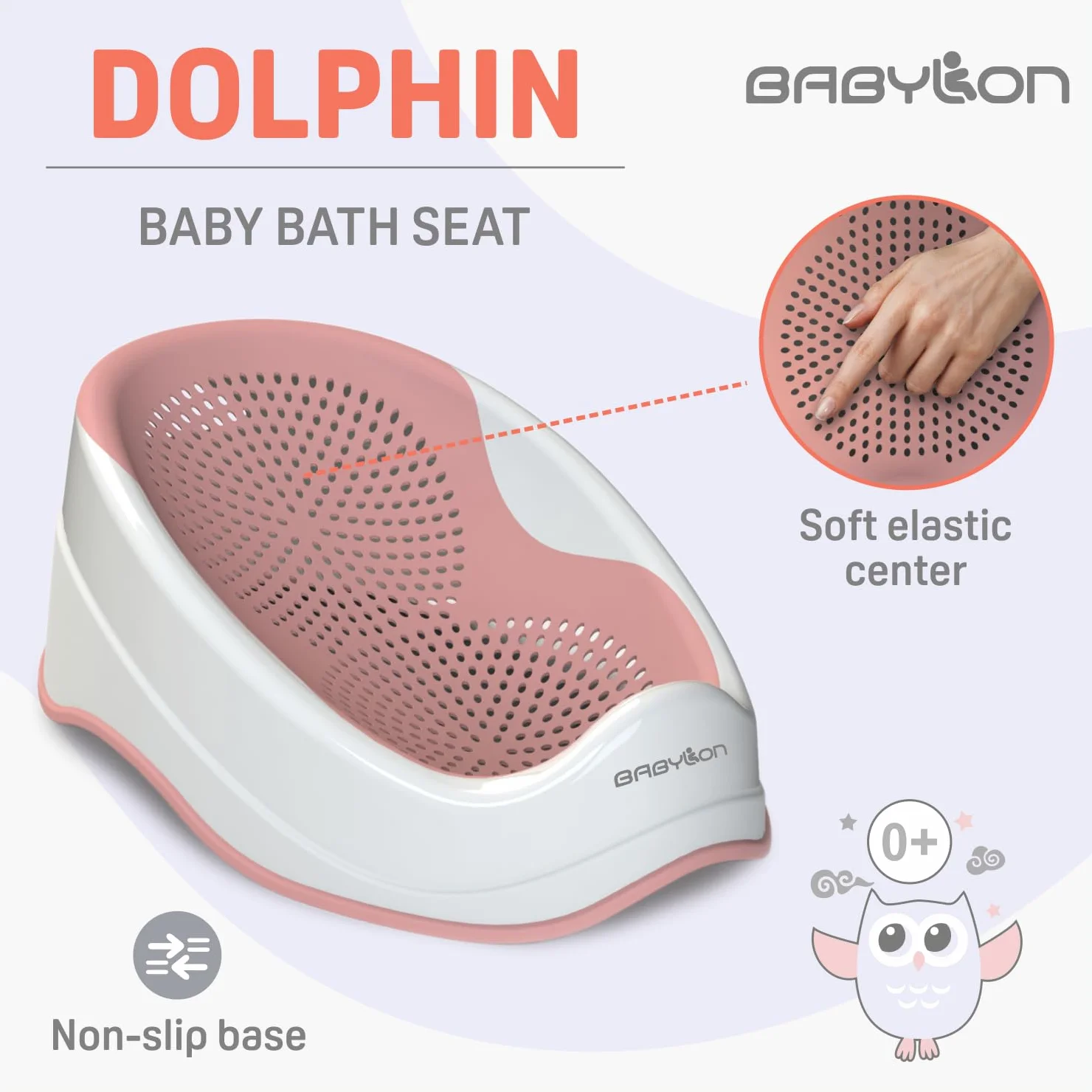 BABYLON DOLPHIN Siedzisko do wanny dla niemowląt od 0-6 miesięcy – ergonomiczna wanna dla dzieci – hipoalergiczna, odporna na pleśń, antypoślizgowa – wanna pod prysznic – różowa