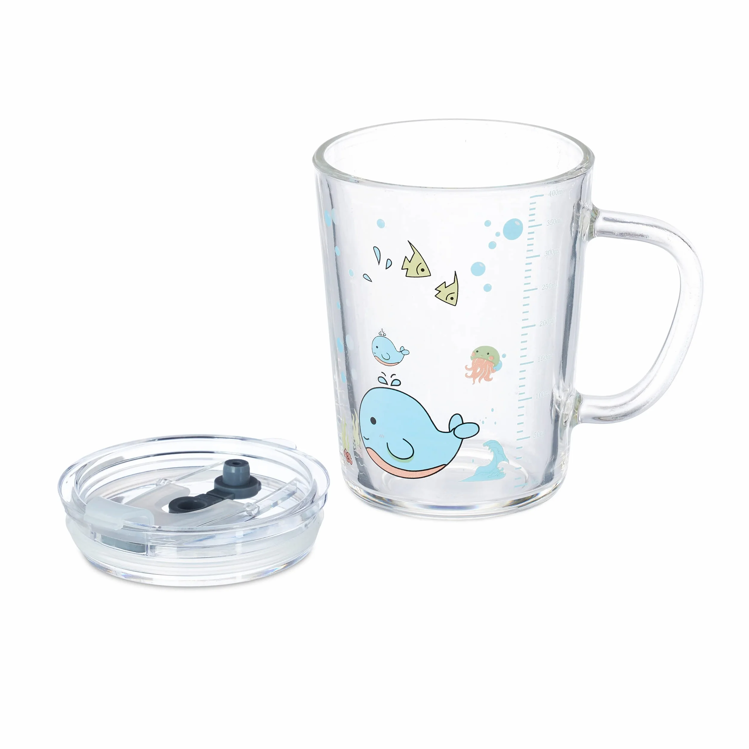 Relaxdays Zestaw 2 szklanek dla dzieci, motyw wieloryba, szklanki do picia dla dzieci, z uchwytem, pokrywką i słomką, skala 400 ml, przezroczyste