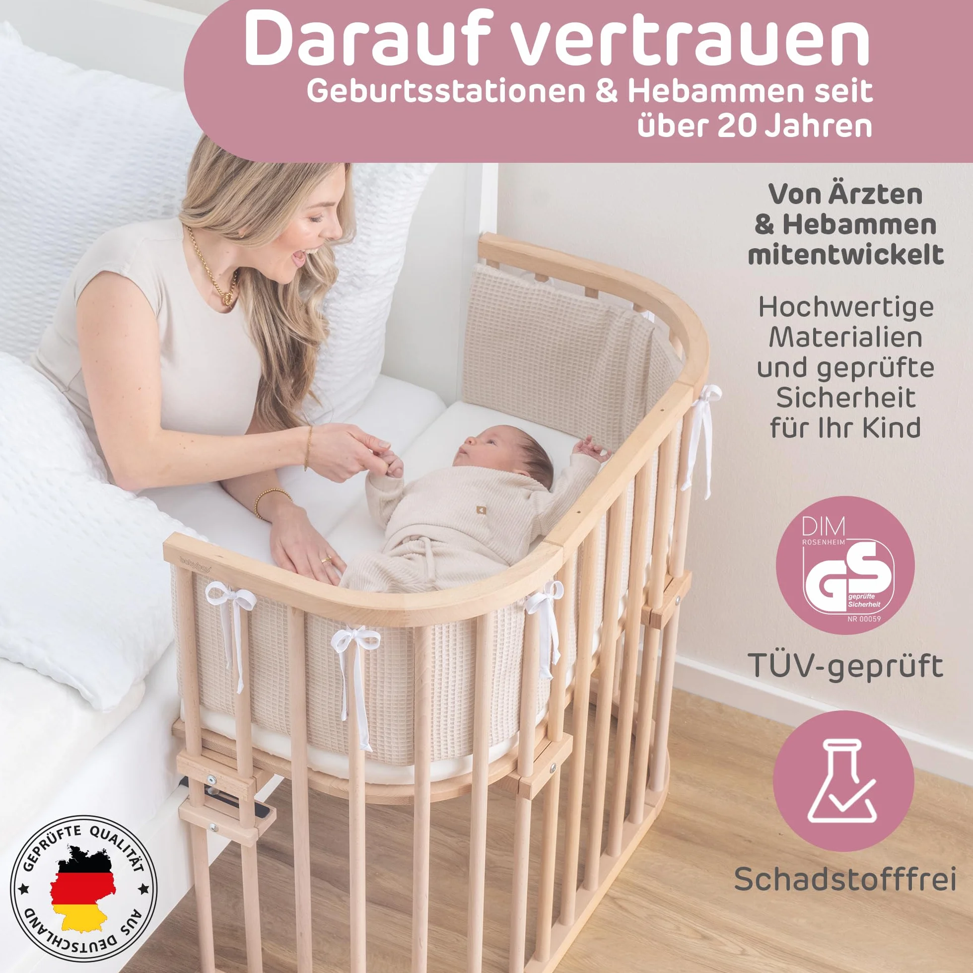 Babybay Oryginalne łóżeczko do spania przy łóżku, naturalne niepoddane obróbce